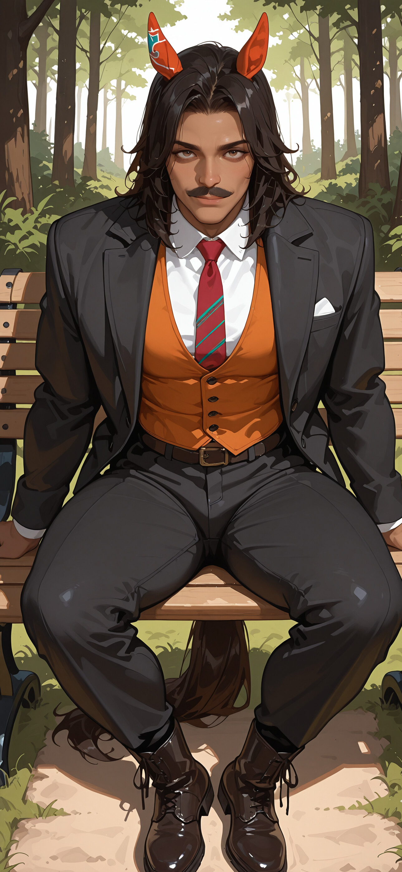 Una ilustración digital de un hombre atractivo, de piel morena, cabello largo y oscuro, bigote y orejas de caballo, sentado en un banco de parque. Lleva una chaqueta color crema, un chaleco naranja y una corbata roja, y mira a la cámara con confianza, esbozando una ligera sonrisa. Detrás de él, en el suelo, se encuentra una cola de caballo.