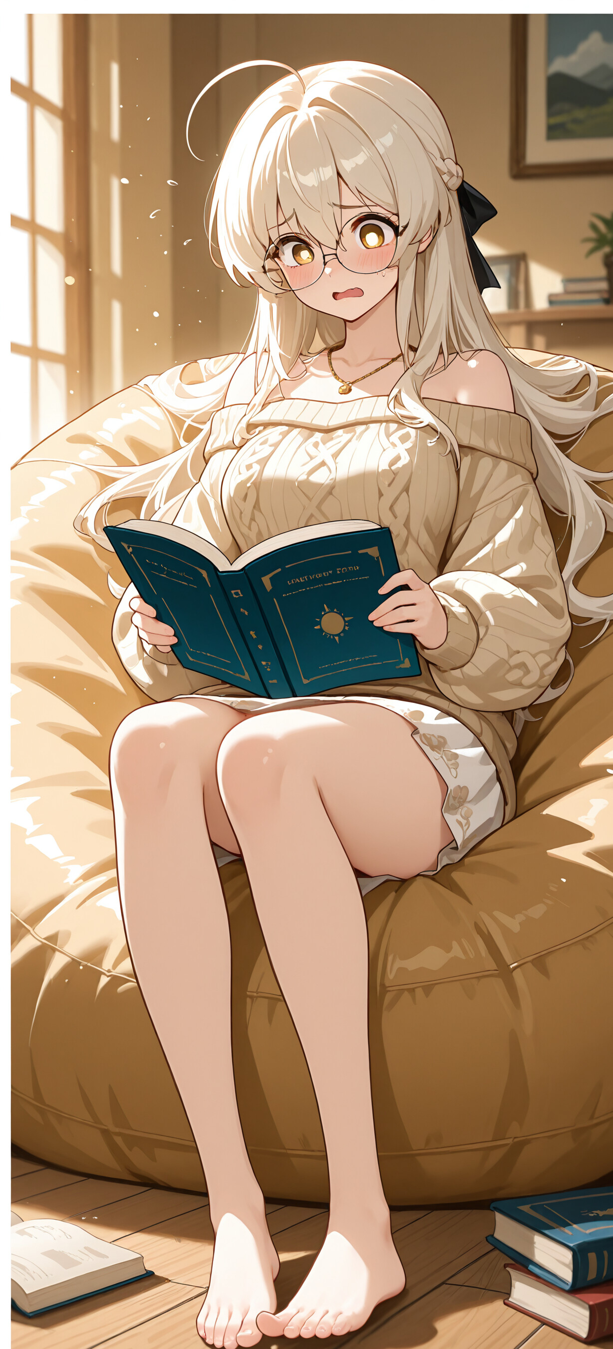 Ilustración de cuerpo entero del personaje Ajitani Hifumi, de Blue Archive. Es una chica de anime rubia, con gafas y un halo, sentada en una silla tipo puf blanca y leyendo un libro con una expresión de confusión. Lleva un jersey color crema con el hombro descubierto y una falda blanca, en una habitación acogedora y llena de luz.