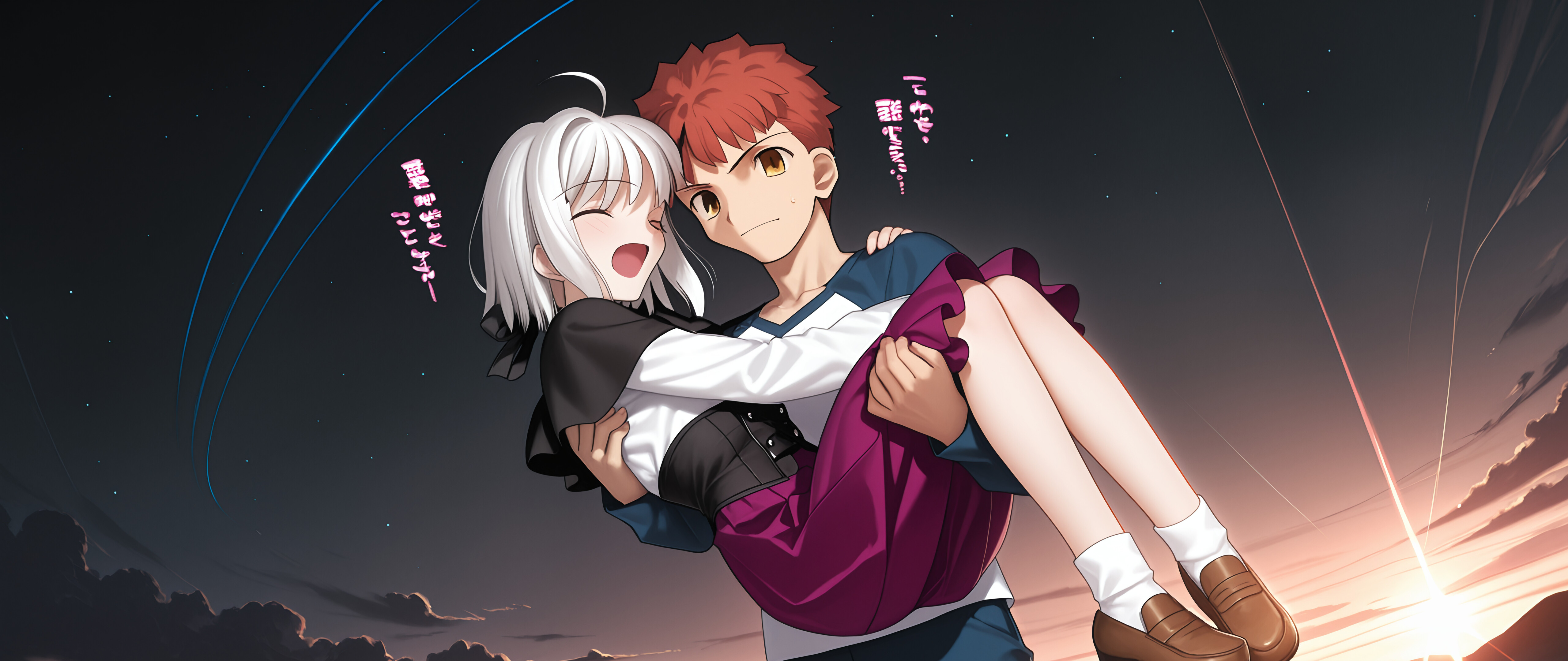 Emiya Shirou, de Fate/stay night, lleva con delicadeza a Tojou Koneko, de High School DxD, en brazos, en una habitación con poca luz, mientras que por la ventana que hay detrás de ellos se puede ver un cielo nocturno estrellado.