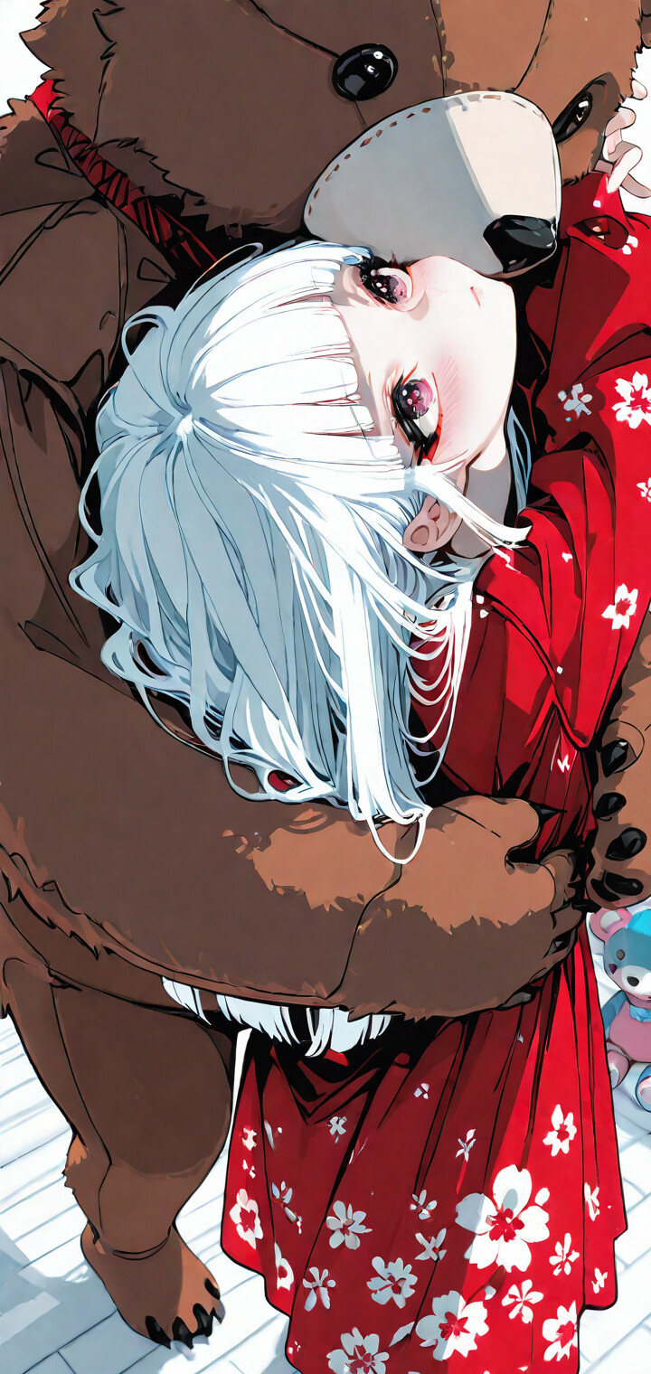Una ilustración de estilo anime que representa a una niña con el pelo largo y blanco y los ojos rosas, a la que abraza por detrás un enorme oso de peluche marrón. Lleva puesto un vestido rojo con motivos florales y la habitación está llena de muchos osos de peluche más pequeños.