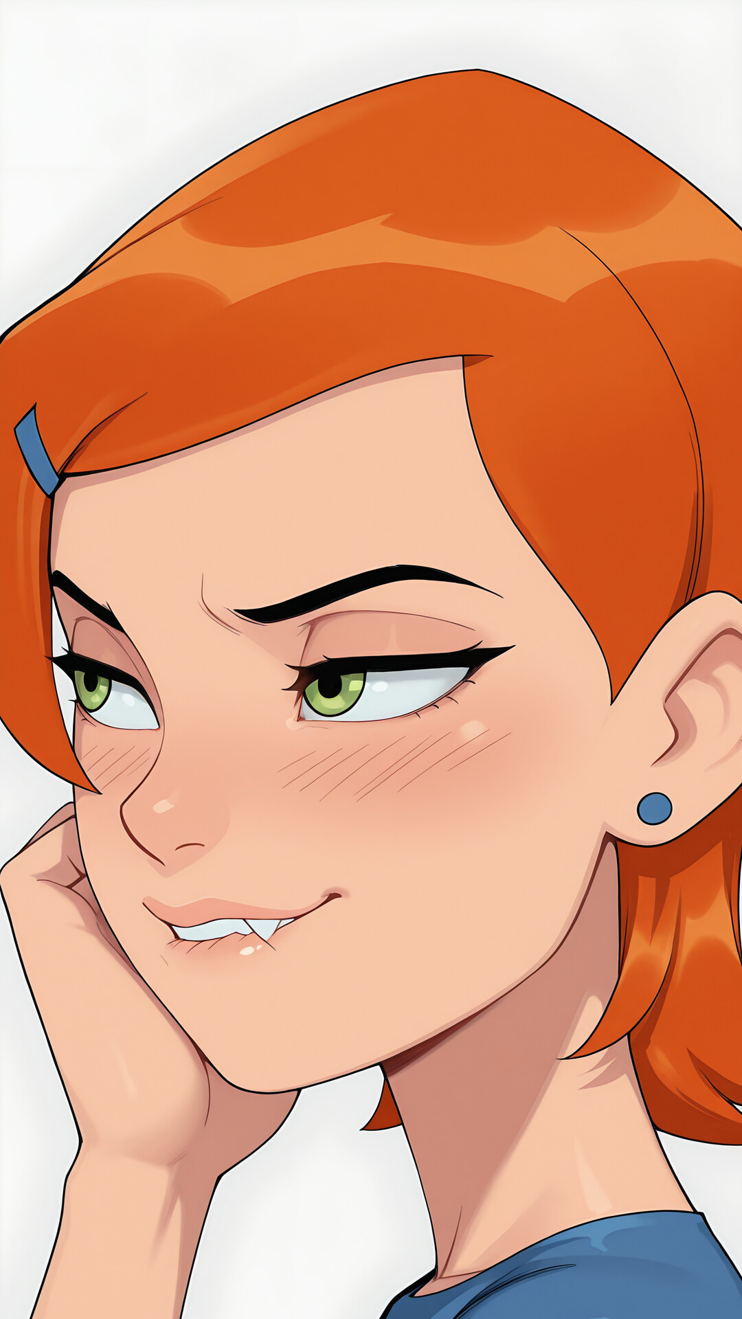 Una ilustración digital en primer plano de Gwen Tennyson, de la serie Ben 10. Tiene el pelo corto de color naranja, ojos verdes y un pendiente azul. Está mirando hacia un lado con una expresión traviesa y juguetona, y se muerde ligeramente el labio.