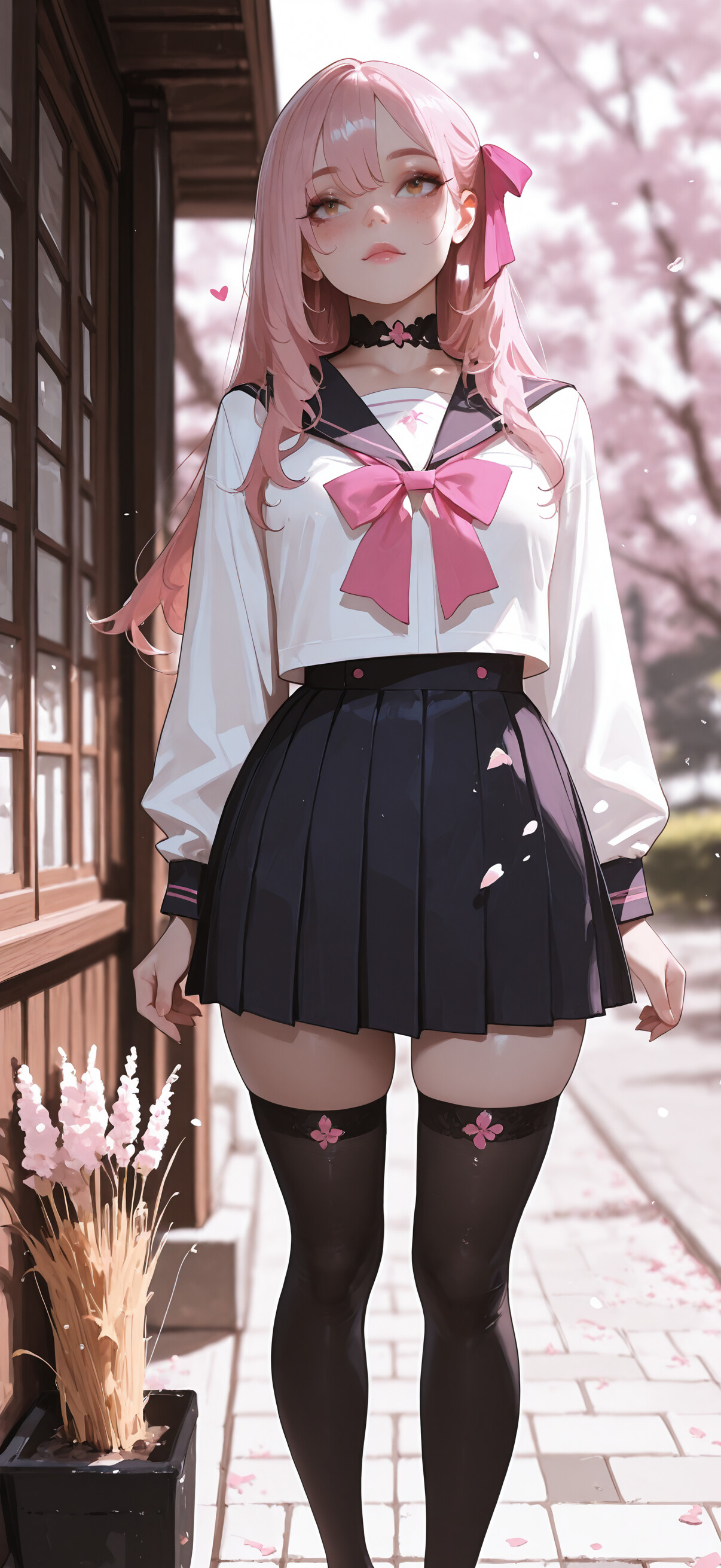 Una ilustración de estilo anime que representa a una chica con el pelo largo y rosa, sentada en unos escalones de piedra. Lleva un uniforme escolar japonés compuesto por una blusa blanca, una falda azul, un gran lazo rosa y medias negras que le llegan hasta el muslo. Está rodeada de plantas doradas y pétalos rosas que flotan en el aire.