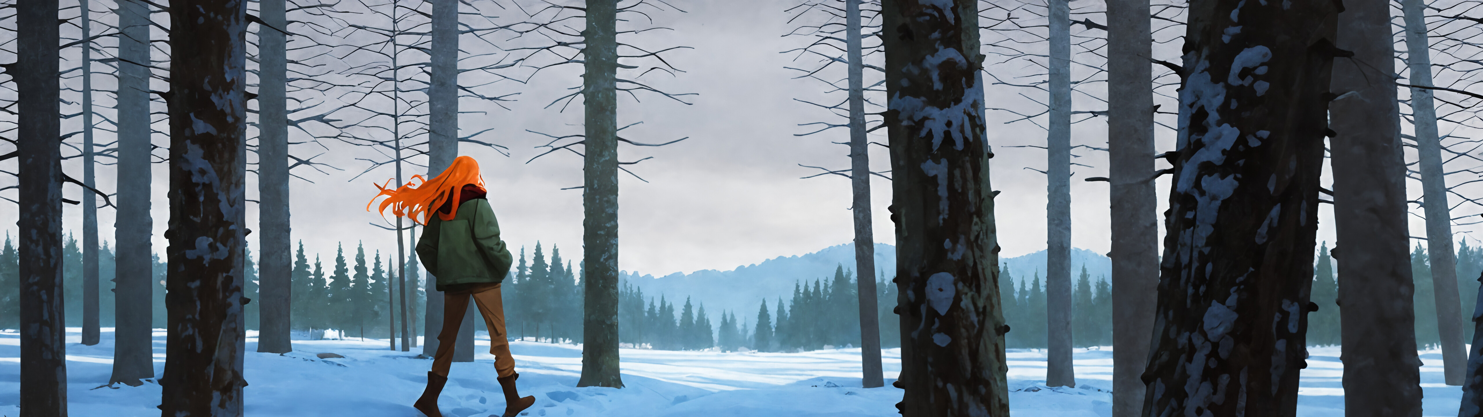 Una pintura de Tulip Olsen, de la serie «Infinity Train», vista desde atrás, mientras está de pie en un bosque de pinos cubierto de nieve. Tiene el pelo de color naranja brillante y ondea al viento, y lleva una chaqueta verde, una bufanda de cuadros rojos y unos pantalones marrones, con las manos metidas en los bolsillos.