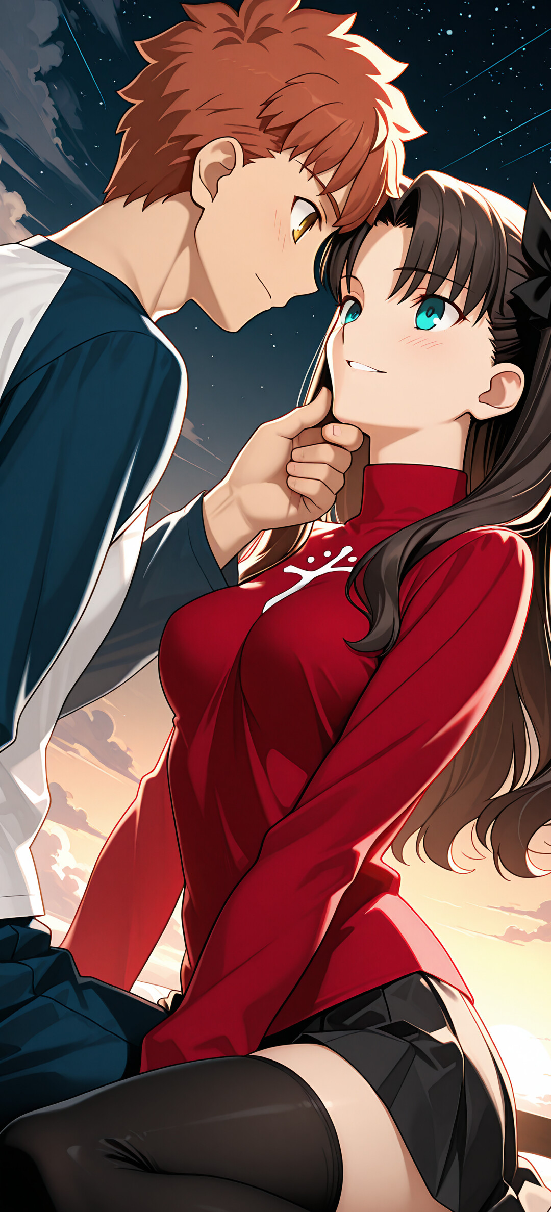 Una ilustración de estilo anime que muestra a Rin Tohsaka y Shirou Emiya, personajes de Fate/stay night, compartiendo un momento romántico. Shirou sostiene la barbilla de Rin mientras ambos se miran a los ojos bajo un cielo estrellado.