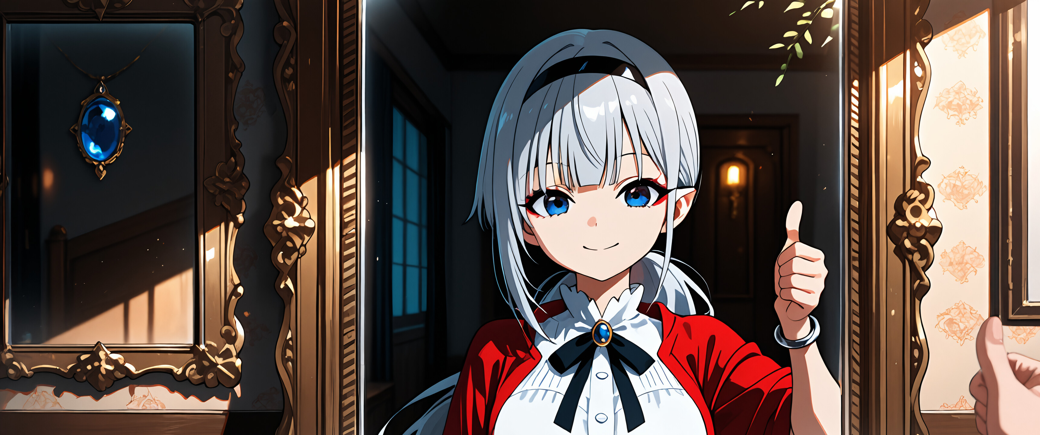 Una chica de anime con cabello plateado y orejas puntiagudas, Hiragi Popura, sonríe y levanta el pulgar frente a un espejo ornamentado, mientras que una mano en primer plano le devuelve el gesto.