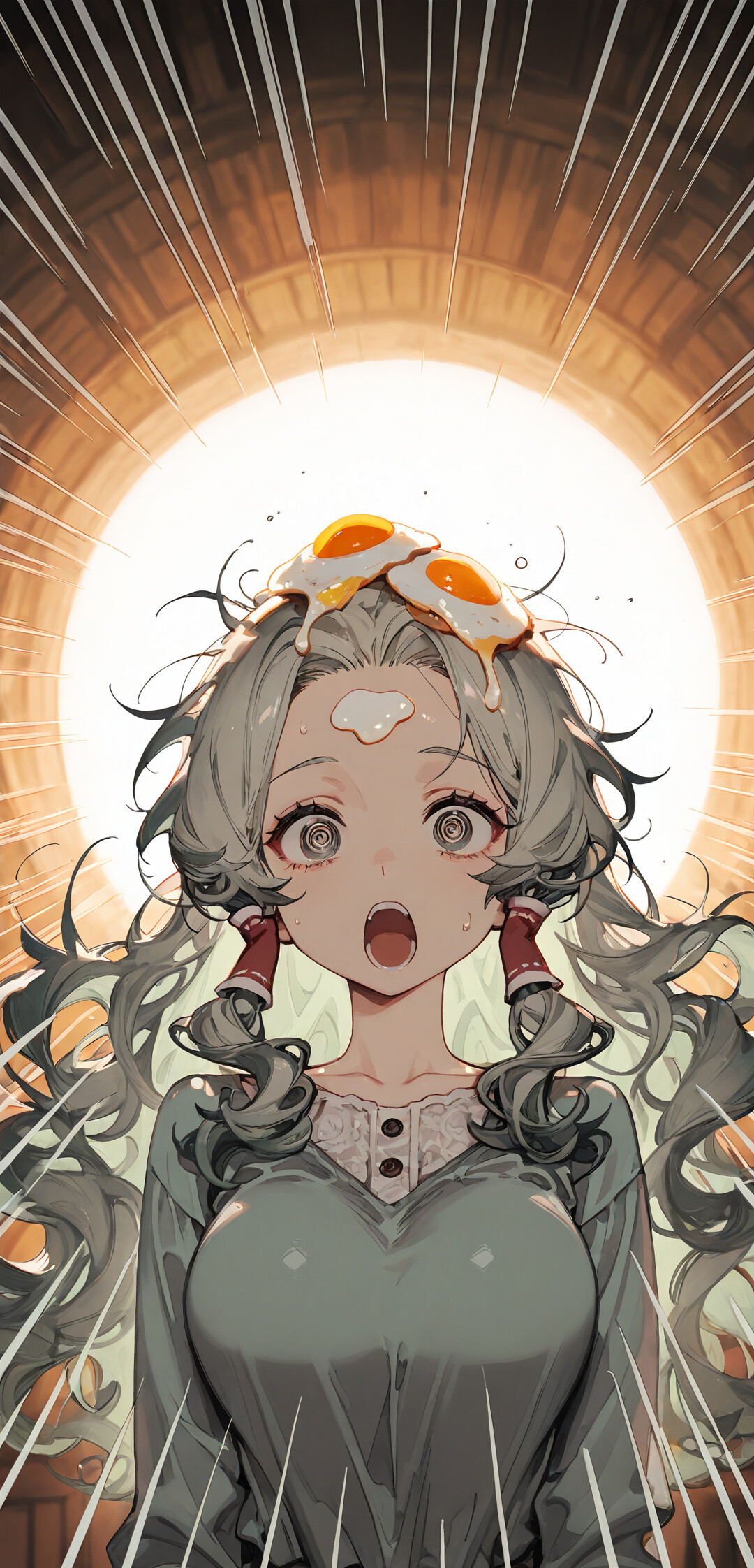 Una chica de estilo anime, con el pelo ondulado de color verde claro y los ojos en forma de espiral, que parece estar muy sorprendida, con la boca abierta, mientras dos huevos fritos descansan sobre su cabeza.