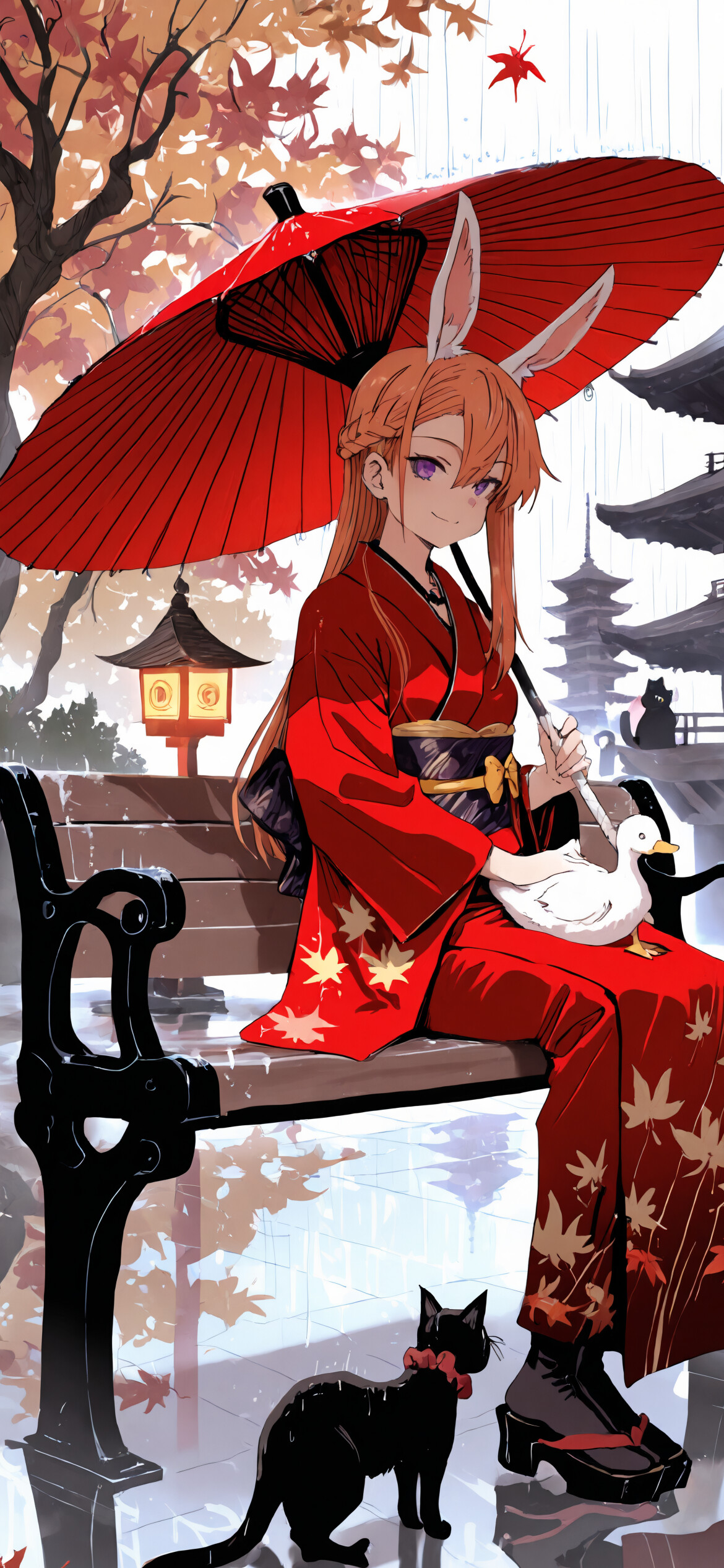 Una chica de estilo anime, con el pelo naranja y orejas de conejo, vestida con un kimono rojo, está sentada en un banco bajo una sombrilla roja en un jardín de un templo japonés, mientras llueve. Un gato negro está en su regazo y un pato blanco está en el suelo, a su lado.