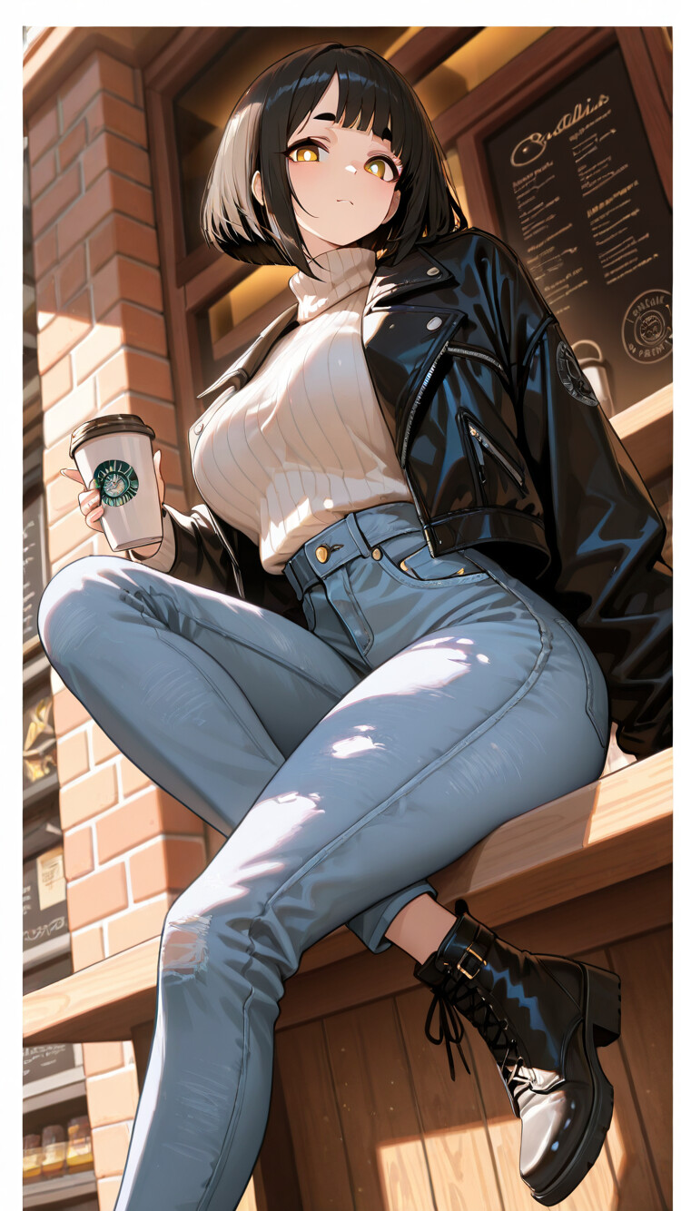 Una ilustración de estilo anime que representa a una joven con el pelo corto y negro y una chaqueta de cuero, sentada en la barra de un café y sosteniendo una taza de café.