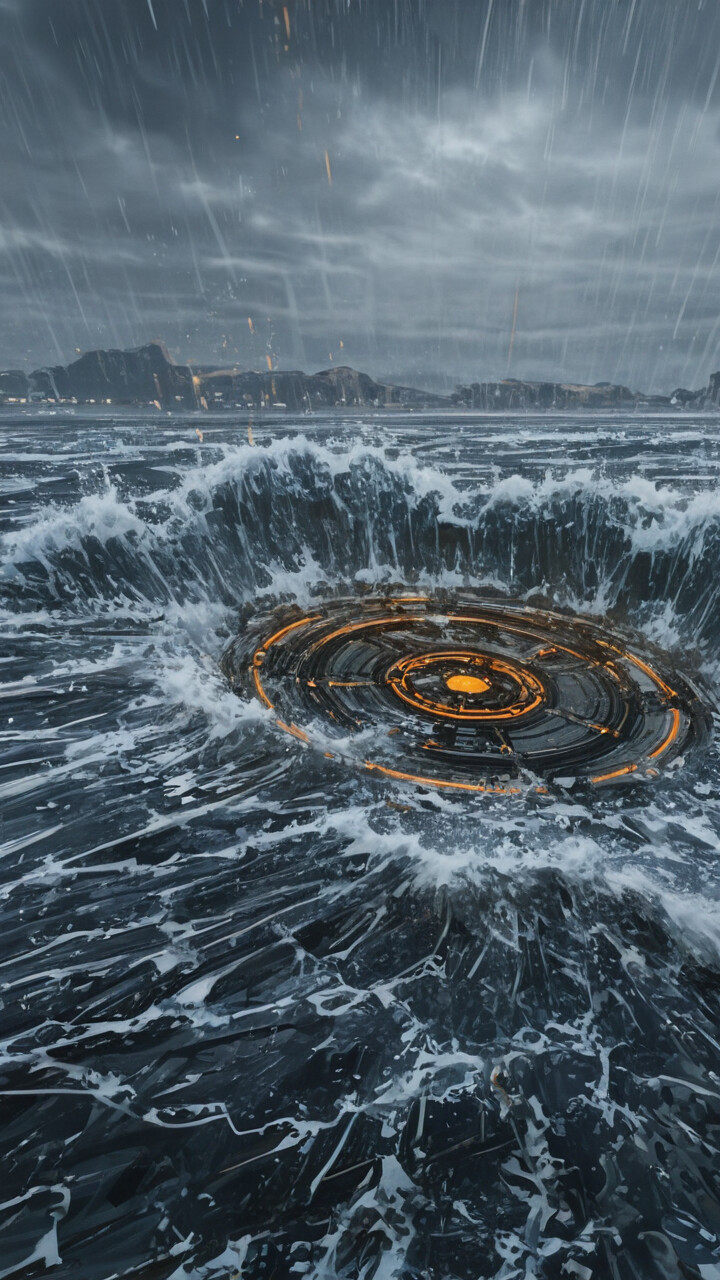 Una impactante pintura de fantasía que representa un mar tormentoso, donde se eleva una enorme columna de agua con forma de árbol, que emite una intensa luz azul desde su interior. La lluvia cae de un cielo oscuro y nublado sobre el océano agitado y una costa rocosa.