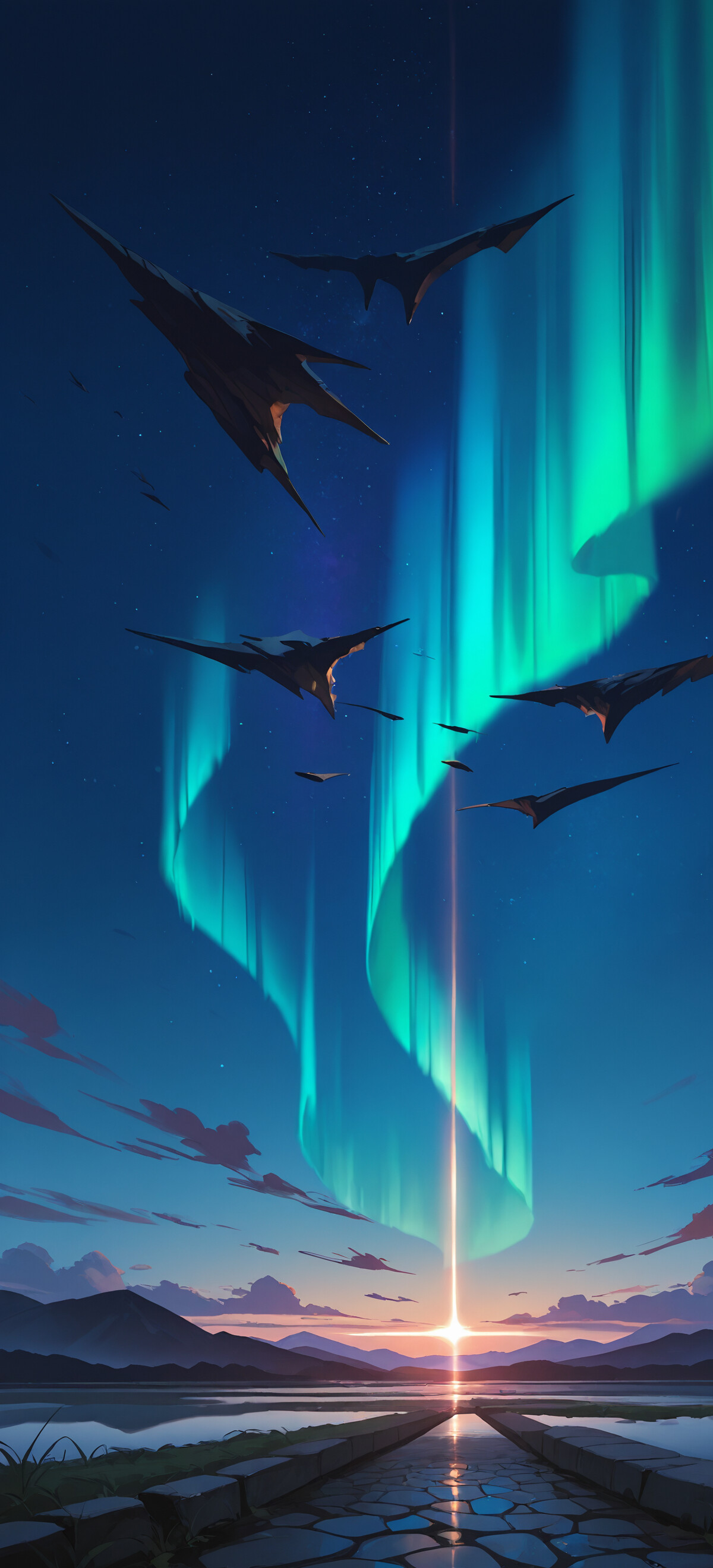 Una encantadora ilustración digital que muestra un sendero empedrado que atraviesa un valle durante la noche, con una majestuosa aurora boreal de color verde que ilumina el cielo y se refleja en un arroyo que discurre a lo largo del sendero.