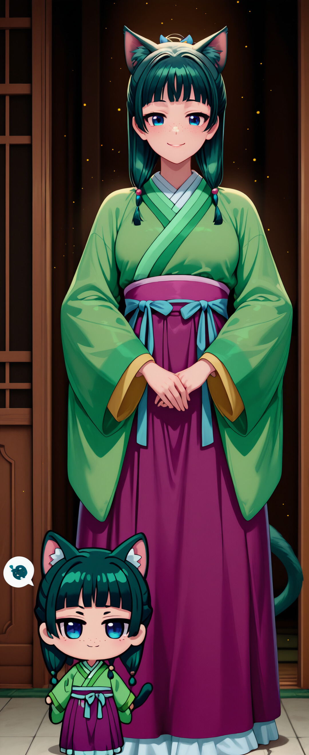 Una ilustración de cuerpo entero de Maomao, el personaje de *The Apothecary Diaries*, representada en estilo chibi y reimaginada como una chica gato. Tiene el pelo verde, orejas y cola de gato, grandes ojos azules y pecas. Lleva un atuendo tradicional verde y morado y está de pie en una habitación con puertas de estilo japonés.