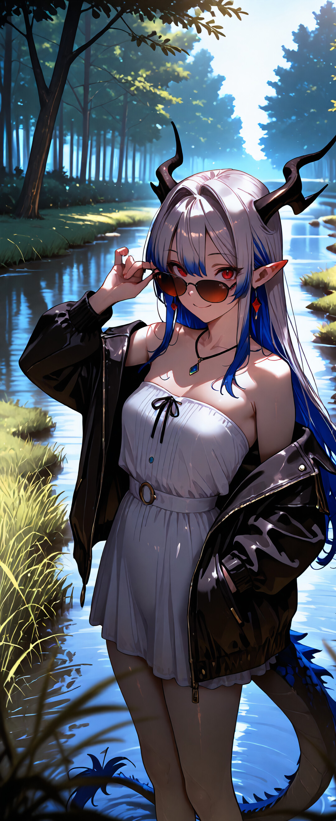 Una ilustración al estilo anime de la VTuber Selen Tatsuki como una chica dragón. Tiene el pelo largo, plateado y azul, cuernos azules y ojos rojos. Lleva un vestido blanco, una chaqueta negra y gafas de sol rojas, y está sonriendo junto a un río en un bosque.