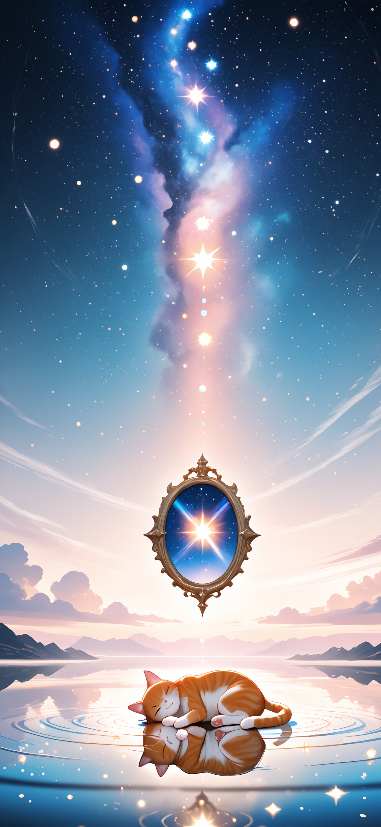 Una ilustración de un adorable gato atigrado de color naranja y blanco, durmiendo sobre una superficie reflectante que simula el agua. El fondo muestra un cielo nocturno cósmico con una nebulosa brillante, innumerables estrellas y una gran esfera luminosa detrás del gato.