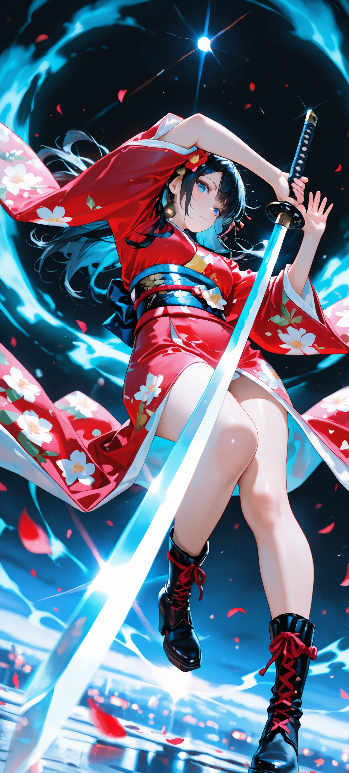 Una ilustración de cuerpo entero de una joven mujer de estilo anime, vestida con un kimono rojo con motivos florales y botas de combate negras, sosteniendo una katana en una pose dinámica sobre un fondo oscuro con efectos de luz azul y pétalos rojos.