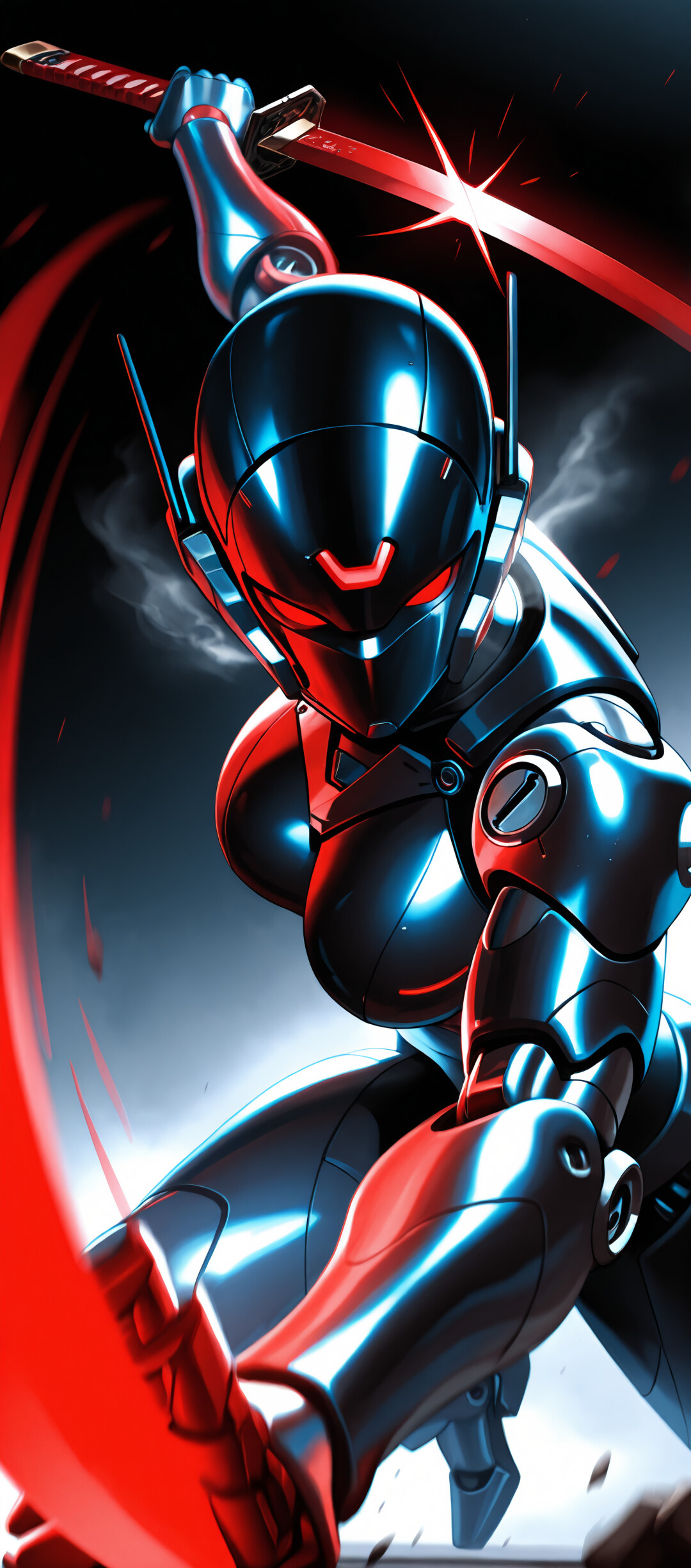 Una mujer cyborg de estilo anime, ataviada con una armadura futurista oscura, con ojos y detalles rojos que brillan, se lanza hacia adelante mientras blande una katana de energía roja y brillante.