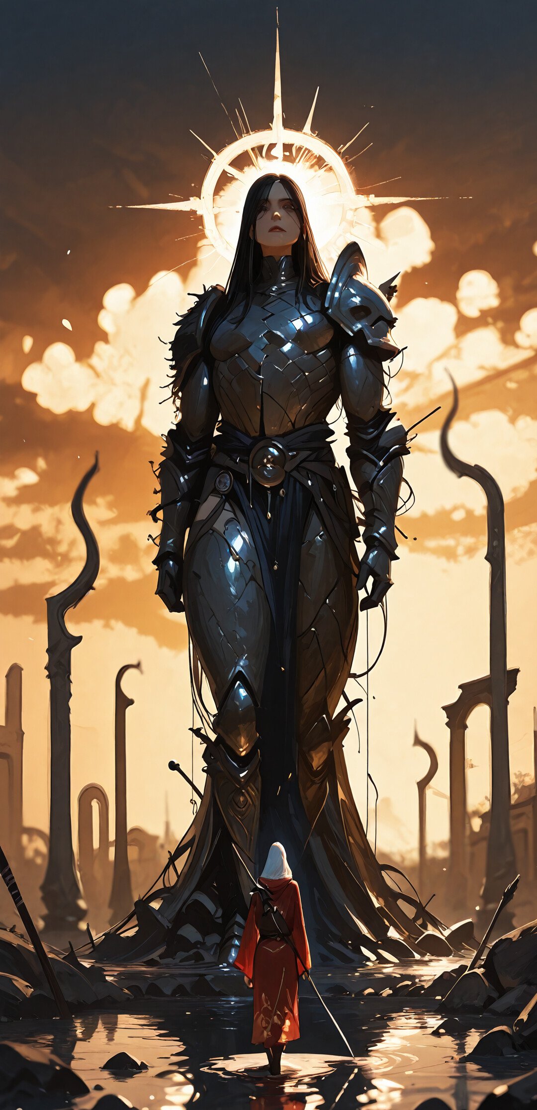 Un guerrero fantástico, vestido con una túnica roja con capucha y una armadura negra, camina por las aguas poco profundas de una calle de una antigua ciudad inundada, al atardecer, flanqueado por grandes estatuas de piedra.