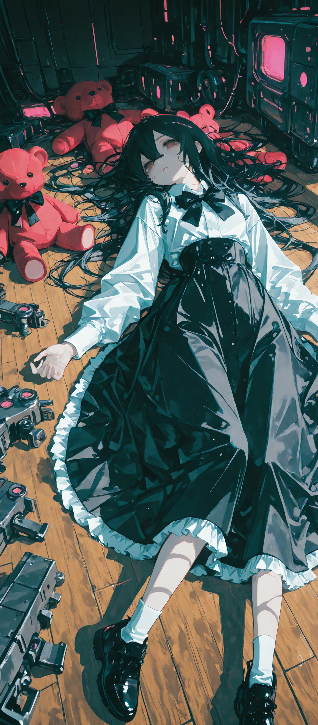 Una vista en ángulo elevado de una chica de anime con el pelo largo y negro, tendida en un suelo de madera en una habitación de ciencia ficción. Lleva una camisa blanca y una falda negra, y está rodeada de maquinaria con pantallas rojas brillantes y un pequeño oso de peluche.