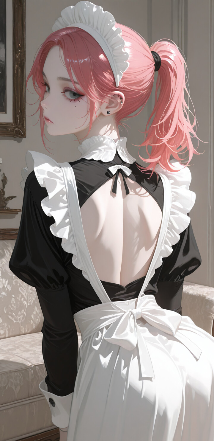 Una ilustración de estilo anime que representa a una joven con el pelo rosa recogido en una coleta, vestida con un uniforme de criada blanco y negro con la espalda descubierta. Está mirando por encima del hombro en una habitación bien iluminada.