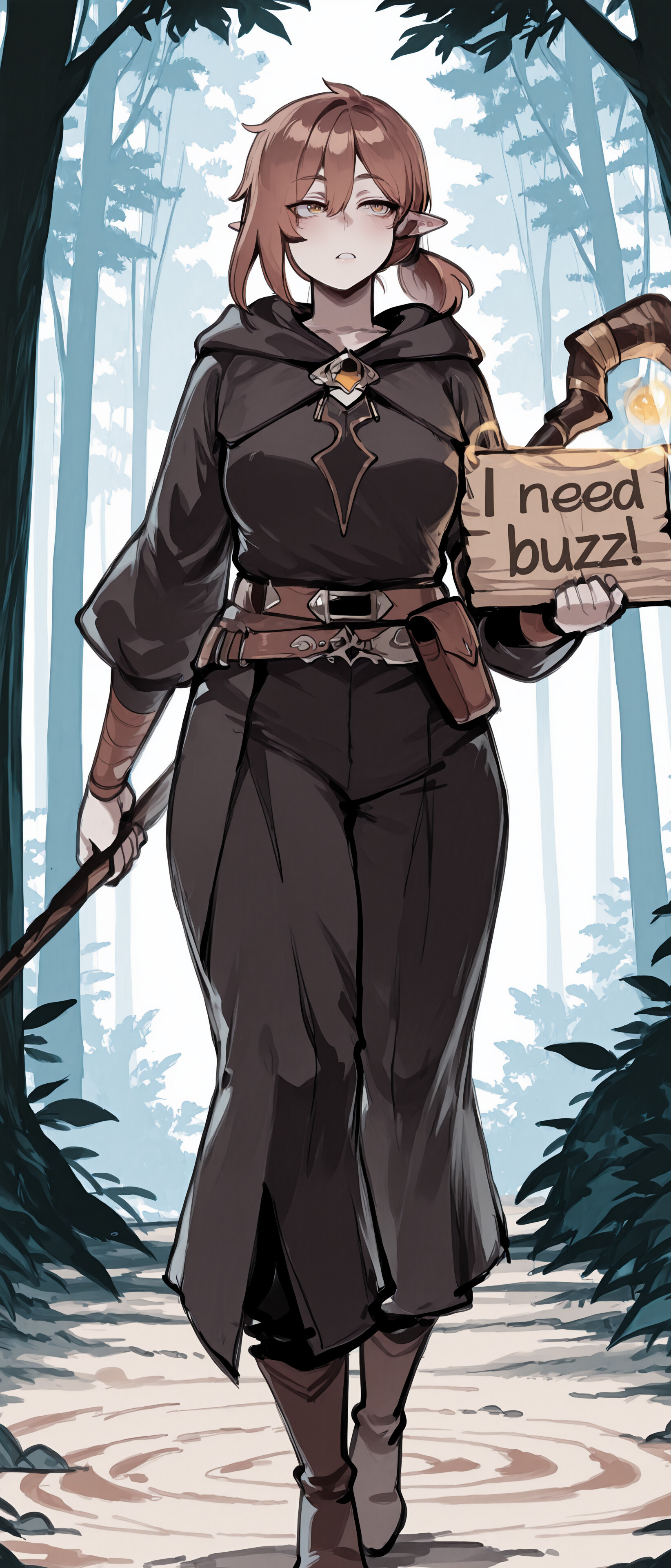 Un mago elfo, de cabello castaño corto y vestido con una túnica oscura con capucha, se encuentra en un bosque invernal, sosteniendo un báculo en una mano y lanzando un hechizo mágico brillante con la otra.