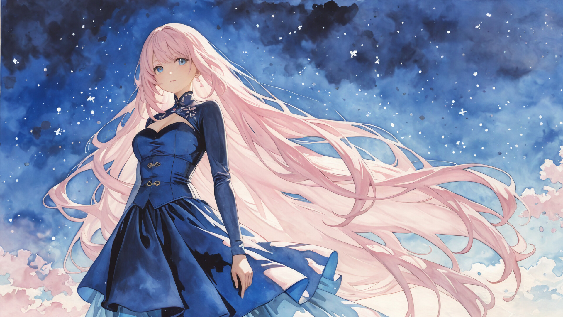 Una ilustración al estilo anime de Elysia, de Honkai Impact 3rd: una hermosa joven con el pelo largo y rosa y los ojos azules, que lleva un vestido largo de color azul claro sobre un fondo de cielo nocturno mágico y estrellado.