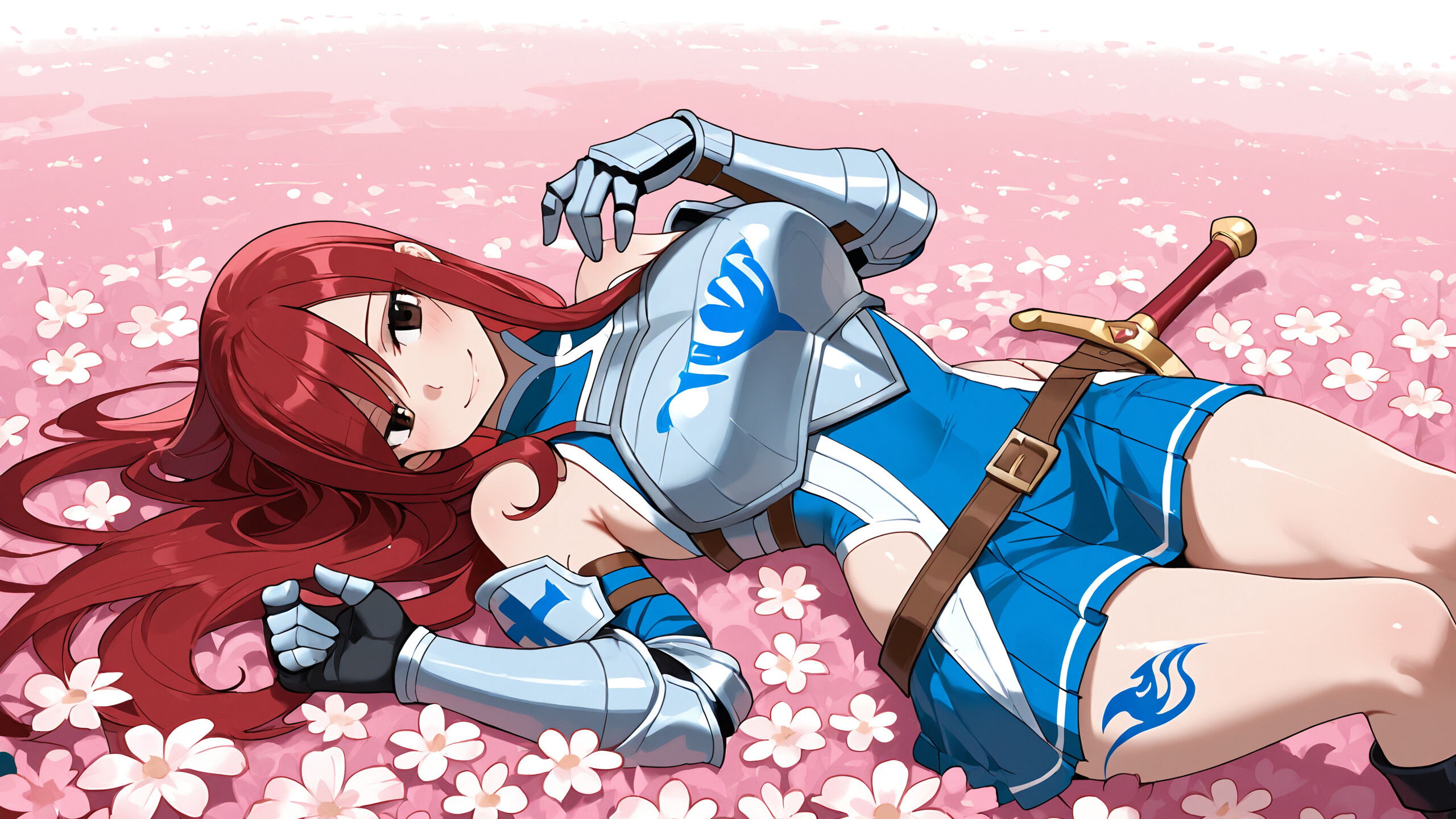Erza Scarlet, de Fairy Tail, una guerrera de cabello rojo ataviada con una armadura plateada y azul y una falda azul, está de pie sonriendo en un campo de flores blancas, con un castillo al fondo, y sostiene una espada.