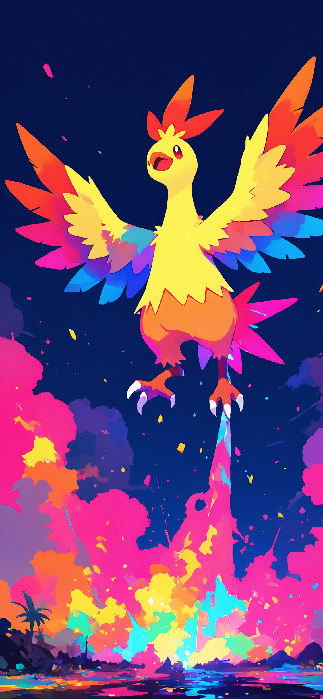 Una ilustración digital del Pokémon Combusken, representado en una pose que denota confianza. Llamas brotan de la cresta que tiene en la cabeza, sobre un fondo vibrante con salpicaduras de colores azul, rosa y amarillo.