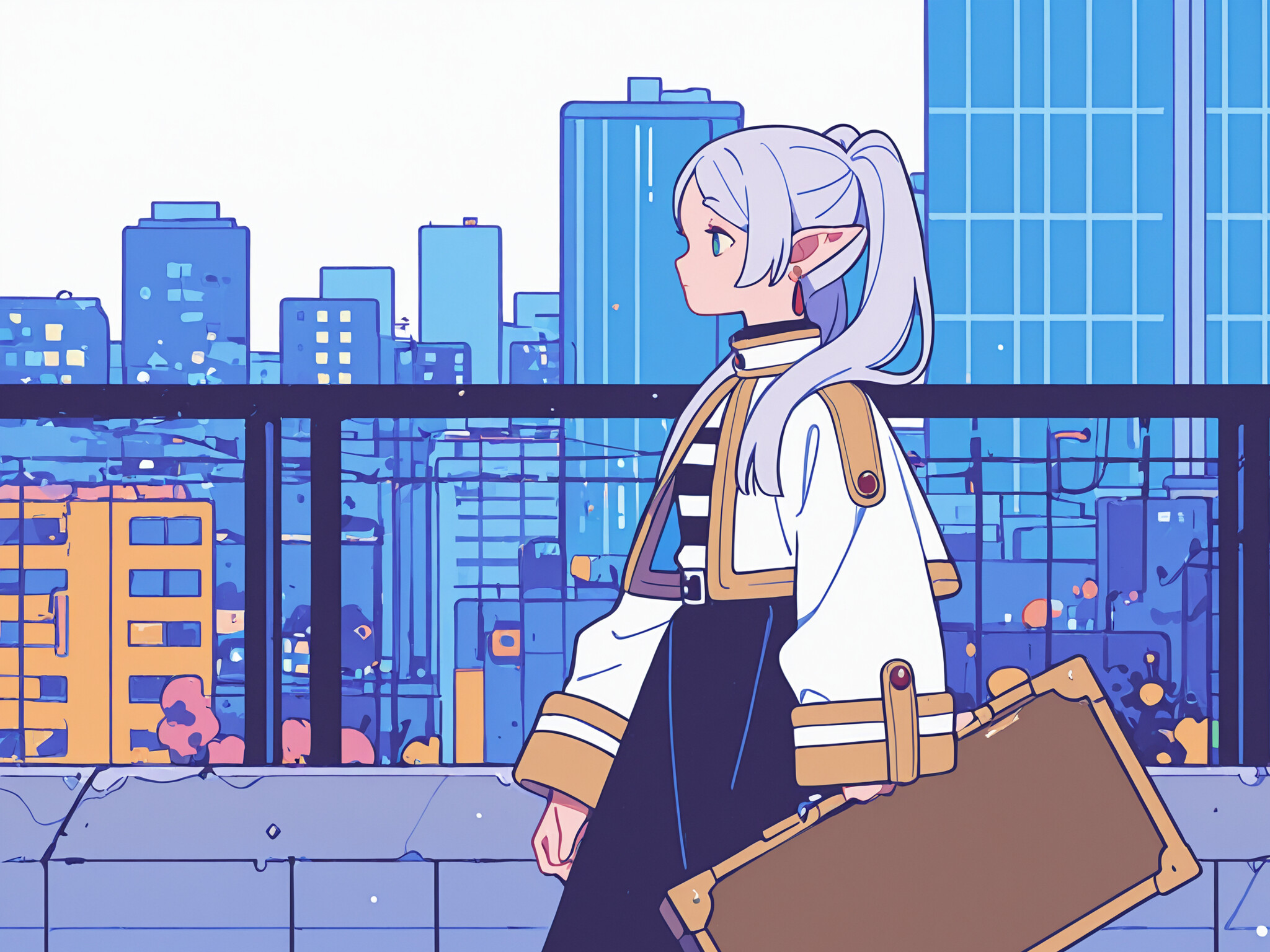 Una ilustración al estilo anime de Frieren, una joven elfa de cabello blanco y largo, recogido en una coleta, que camina por una calle de una ciudad moderna. Se la ve de perfil, con una capa blanca y llevando una maleta marrón. Los edificios de la ciudad están representados en tonos de azul y púrpura.