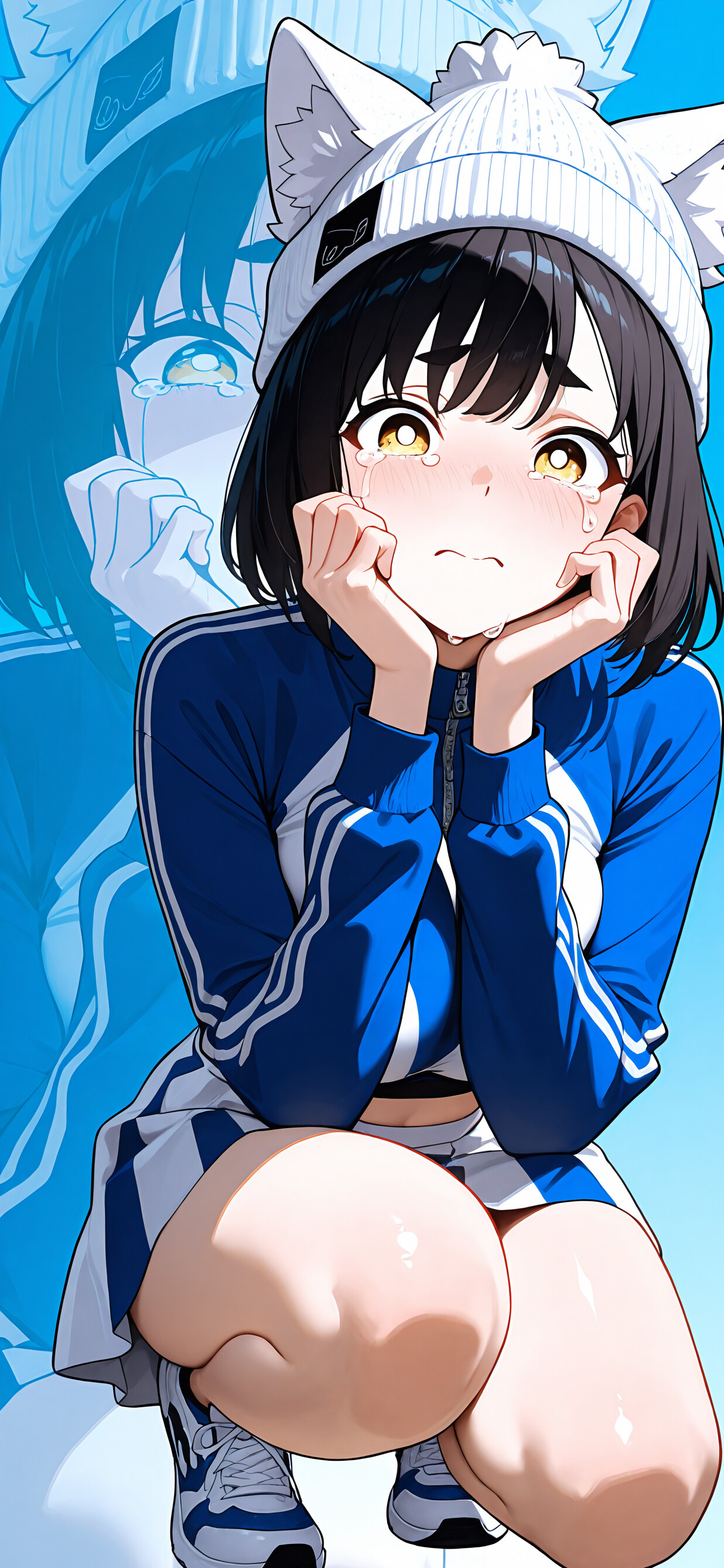 Una ilustración de cuerpo entero de una chica de anime llorando, con el pelo corto y oscuro y los ojos amarillos. Lleva un gorro azul con forma de orejas de gato, una camiseta azul corta y una falda azul, y está agachada con las manos en la cara. En el fondo, se puede ver un primer plano más grande de su rostro, también llorando.