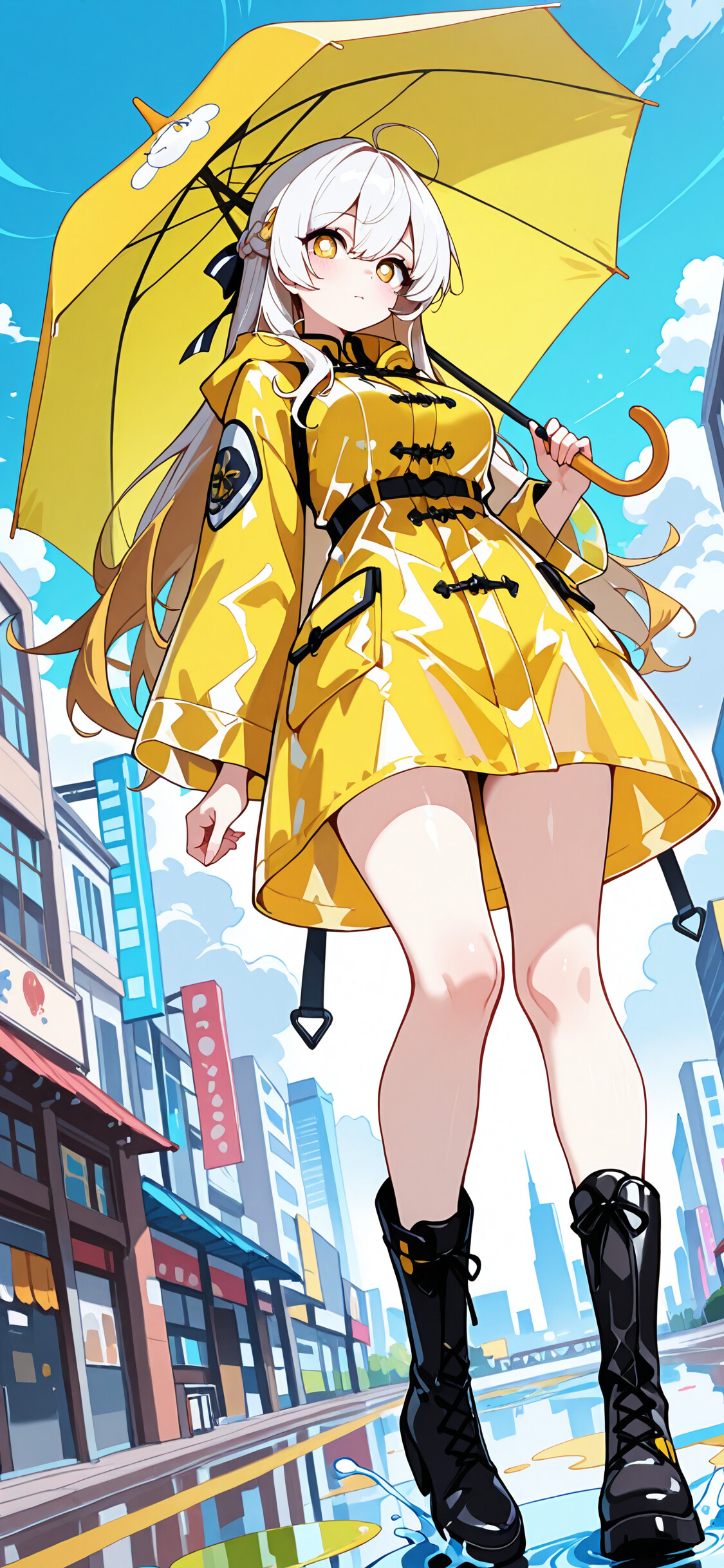 Una ilustración al estilo anime de Stelle, la protagonista femenina de Honkai: Star Rail, de pie en una calle húmeda de la ciudad. Lleva un impermeable amarillo y sostiene un paraguas turquesa, mirando al espectador con unos ojos dorados.