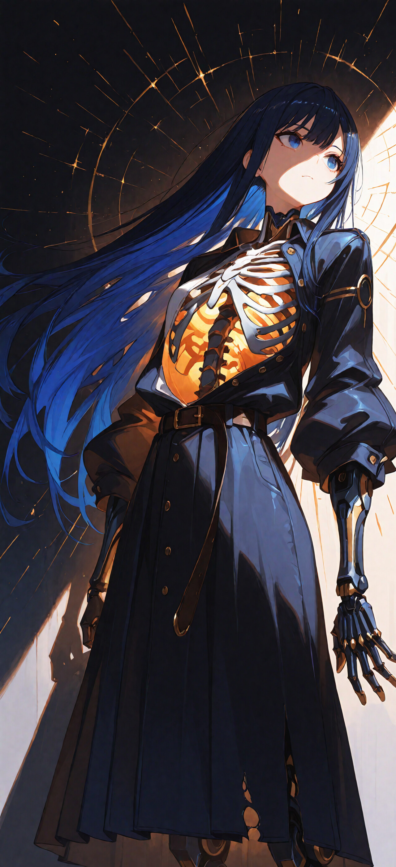 Una joven cyborg de estilo anime, con el pelo largo de color azul oscuro, mira hacia abajo con una expresión sombría. Su torso está abierto, dejando al descubierto una estructura de costillas metálicas blancas que emiten una luz naranja brillante desde el interior. Lleva una chaqueta oscura abierta y una falda desgarrada, todo ello sobre un fondo oscuro con destellos.