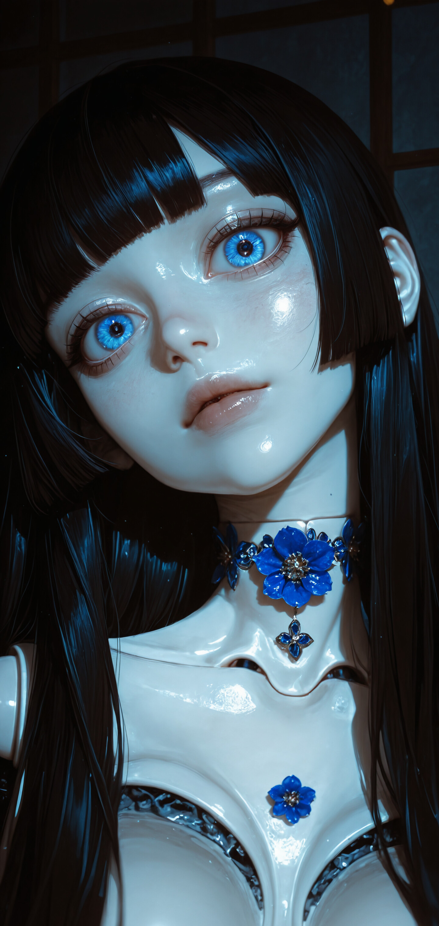 Un retrato en primer plano de un androide que se asemeja a una muñeca de porcelana, con piel pálida, cabello negro y largo peinado al estilo «hime» y grandes ojos azules y brillantes. Lleva una tiara azul con joyas y un elaborado collar azul, y mira hacia arriba en una habitación oscura y con una luz tenue.