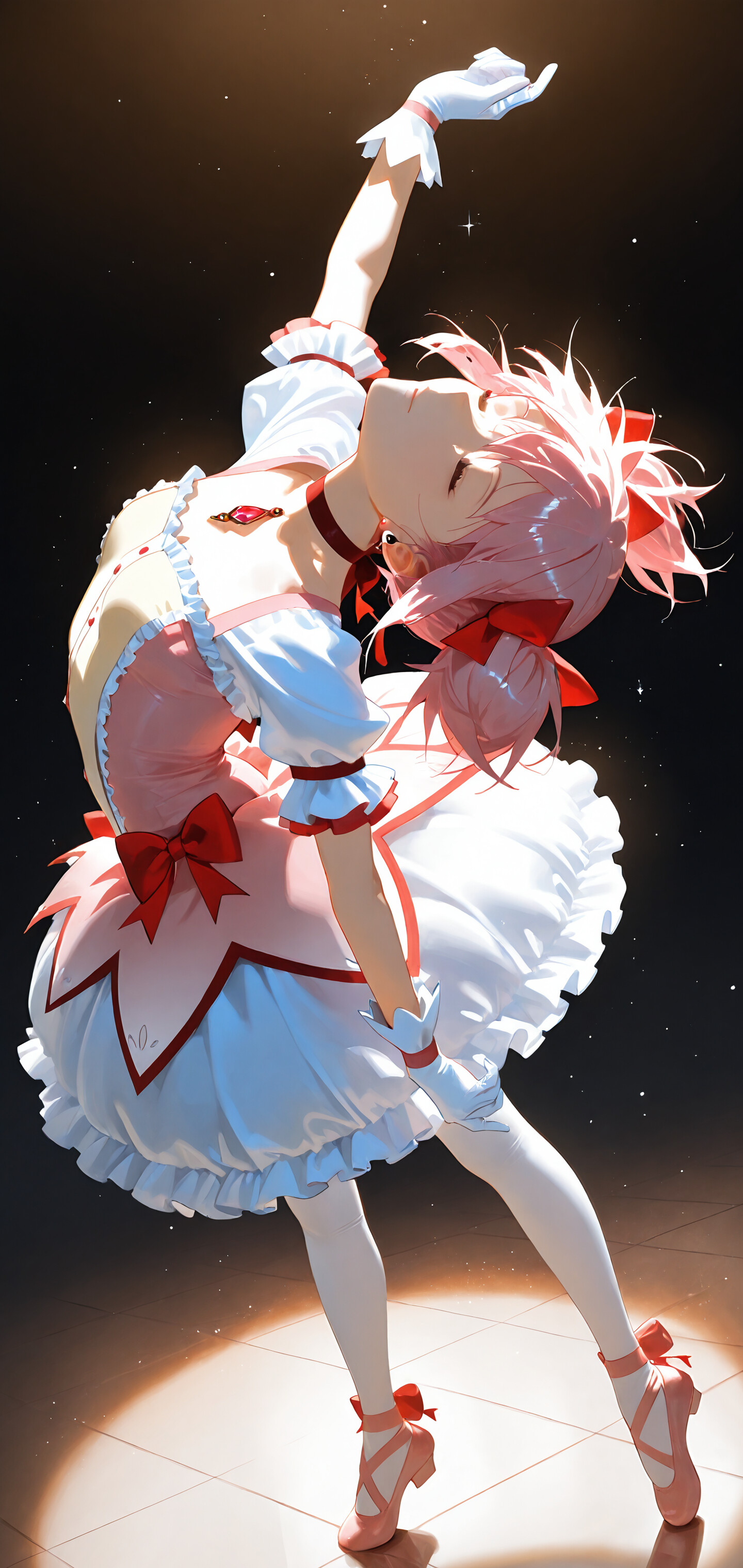 Madoka Kaname, de la serie Puella Magi Madoka Magica, lleva un vestido de bailarina de color rosa y blanco, y baila con gracia bajo un foco de luz, con los ojos cerrados, sobre un fondo estrellado.