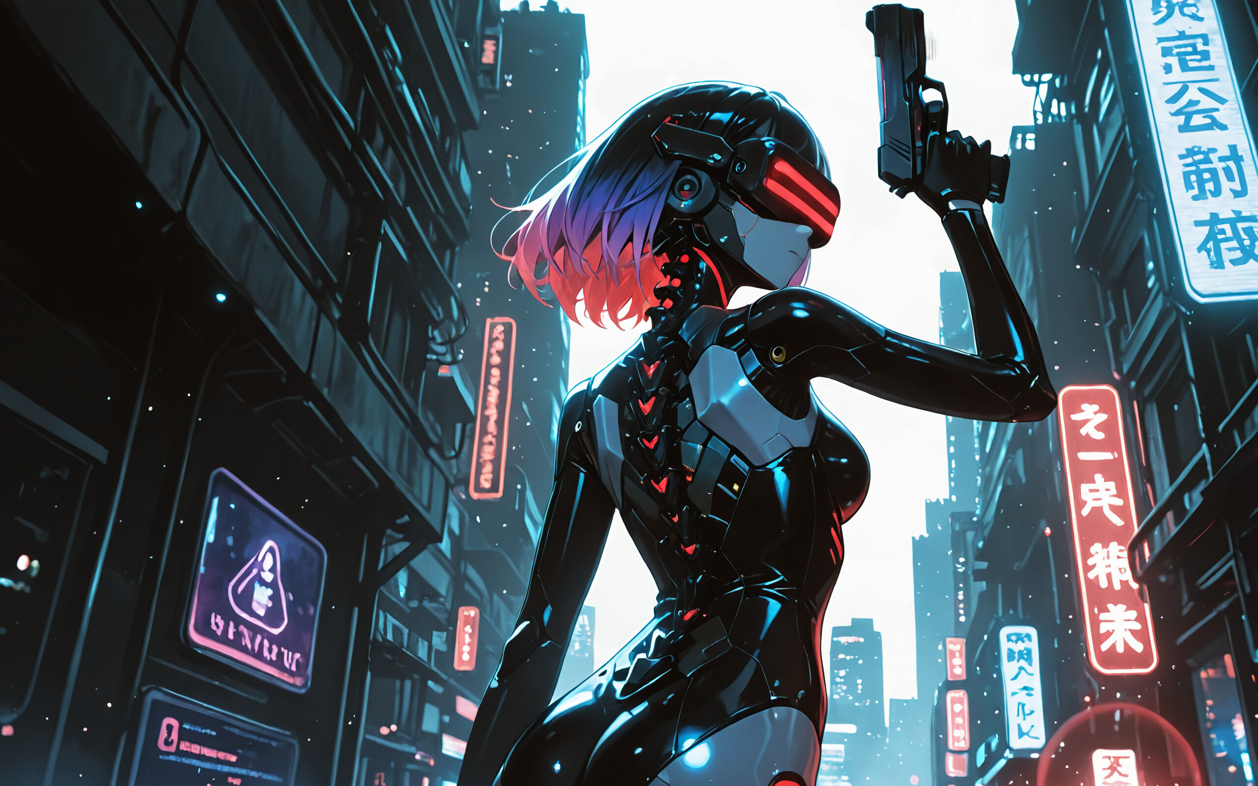 Una ilustración al estilo anime de Motoko Kusanagi, el cyborg de la serie Ghost in the Shell. Tiene el pelo corto de color púrpura, una visera roja y lleva un traje cibernético negro con una columna vertebral mecánica expuesta. Sostiene una pistola y mira por encima del hombro en una ciudad futurista de noche, llena de letreros de neón.