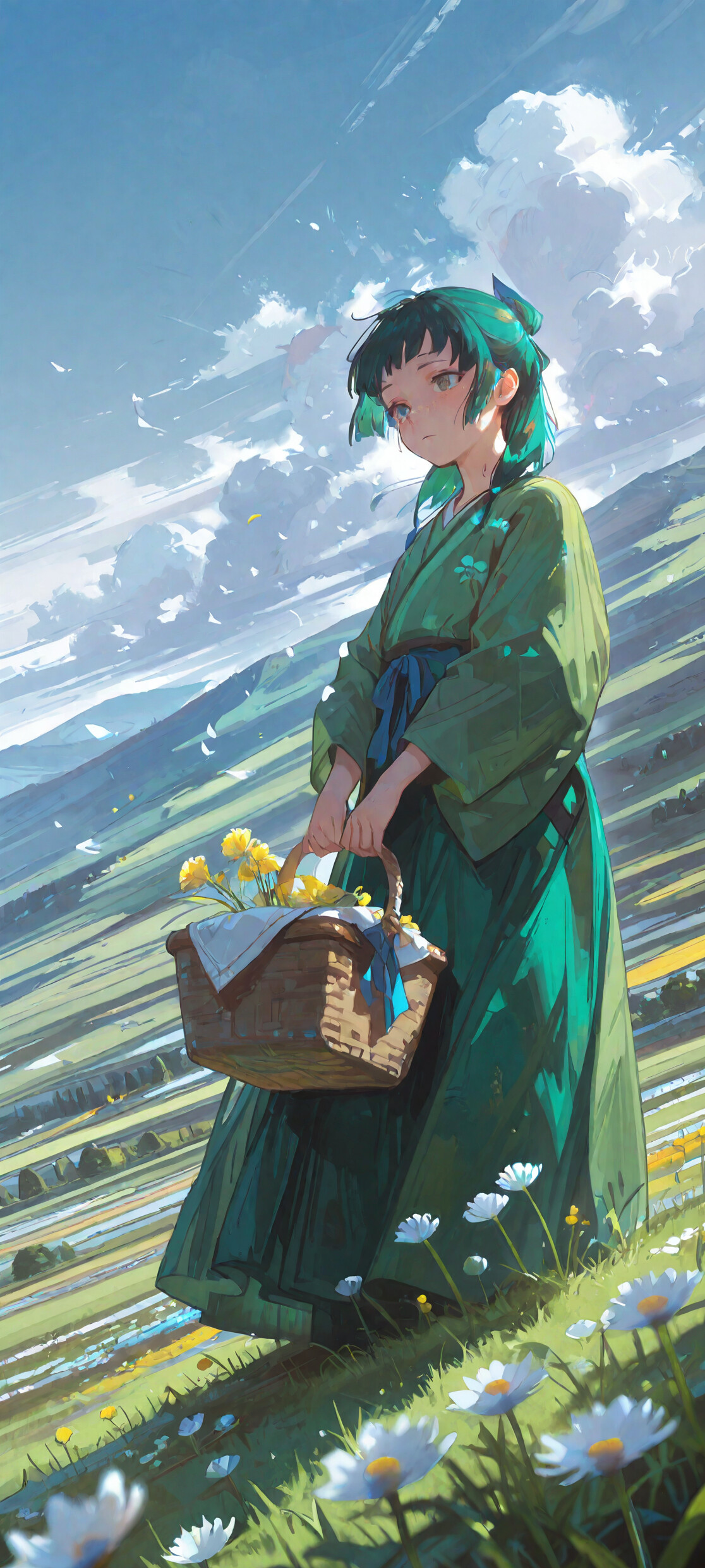 Una ilustración tomada desde un ángulo bajo que muestra a Maomao, personaje de la serie *The Apothecary Diaries*, en una colina cubierta de hierba. Tiene el pelo verde y pecas, lleva un kimono verde con una cinta azul y sostiene una cesta llena de flores amarillas bajo un cielo azul brillante con nubes blancas.
