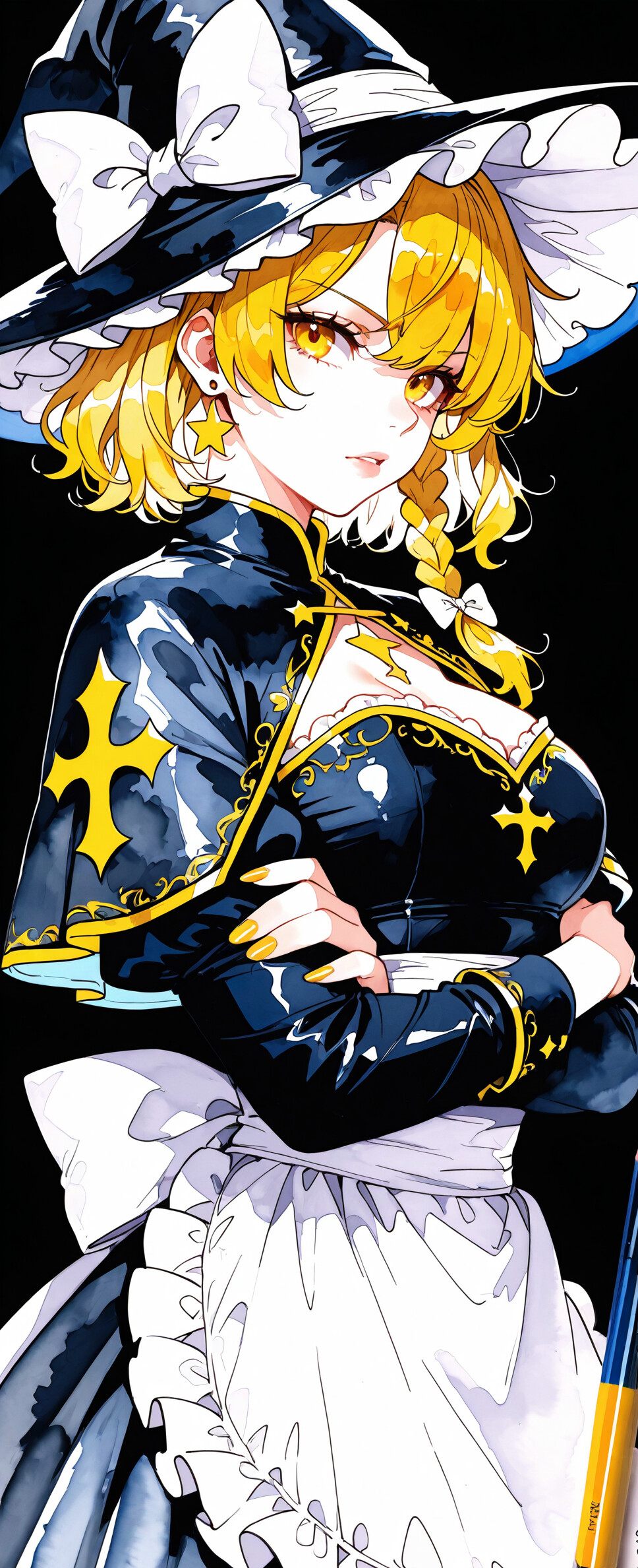 Una ilustración al estilo anime de Marisa Kirisame, de la serie Touhou Project. Es una bruja rubia con ojos amarillos brillantes, que lleva un gran sombrero negro con un lazo blanco y un vestido blanco y negro. Está de pie, con los brazos cruzados, sobre un fondo negro salpicado de estrellas.