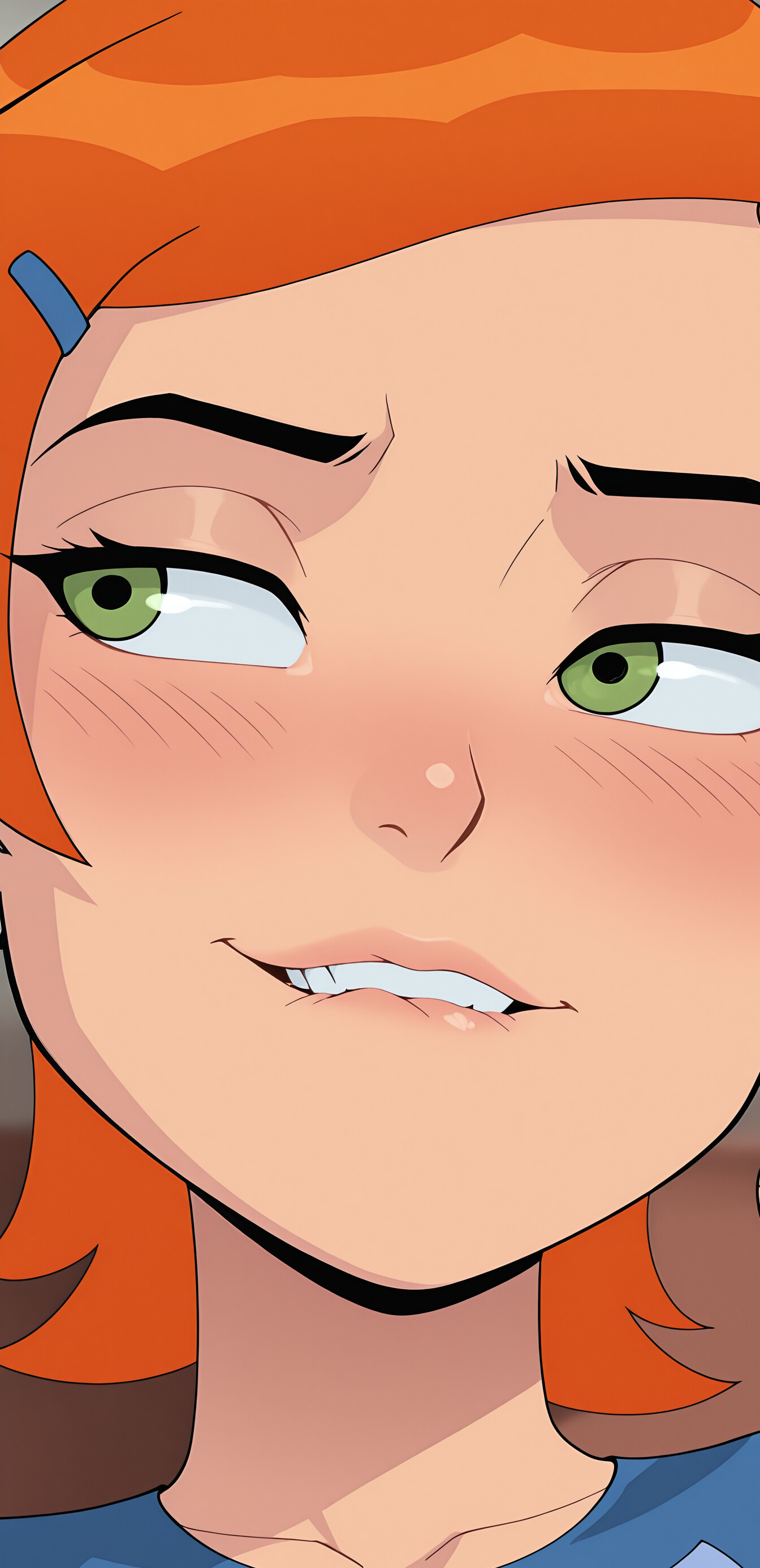 Primer plano de una ilustración digital de Gwen Tennyson, de la serie Ben 10, con el pelo naranja y los ojos verdes. Se la ve con una expresión traviesa y sonrojada, mirando de lado y mordiéndose el labio.