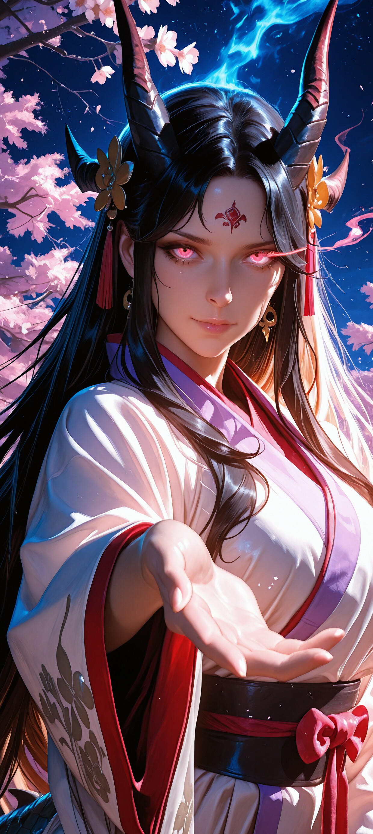 Una pintura digital de Yamato, del anime One Piece, representada como una sacerdotisa dragón. Tiene el pelo largo y negro, cuernos dorados y unos ojos rosas que brillan, y sostiene una esfera de luz en sus manos, dentro de un oscuro templo japonés.