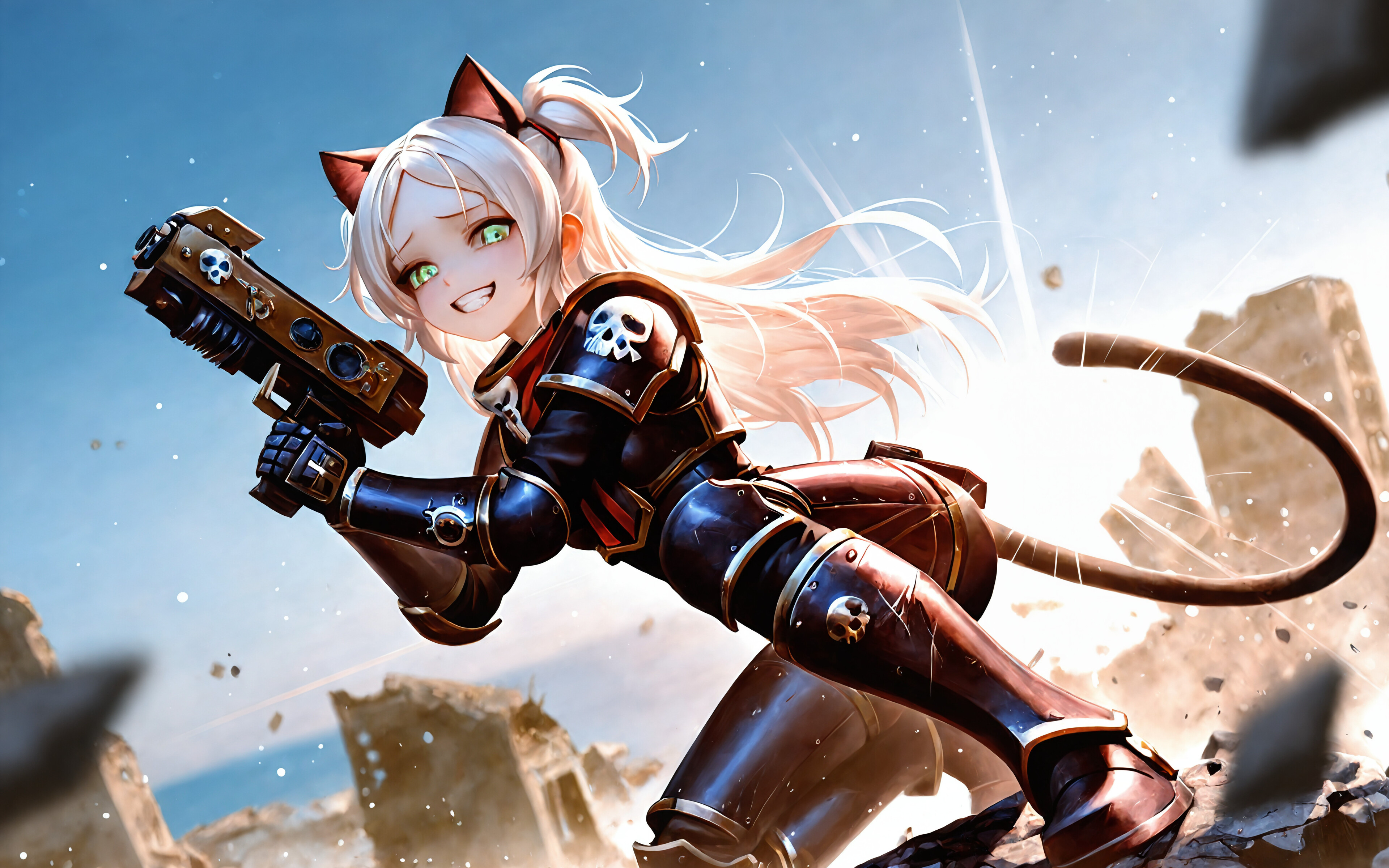 Una chica anime con apariencia de gato, de cabello blanco y ojos verdes, que lleva una armadura de combate de estilo Warhammer 40k en tonos azul y rojo, y que empuña con alegría dos pistolas en un campo de batalla desolado.