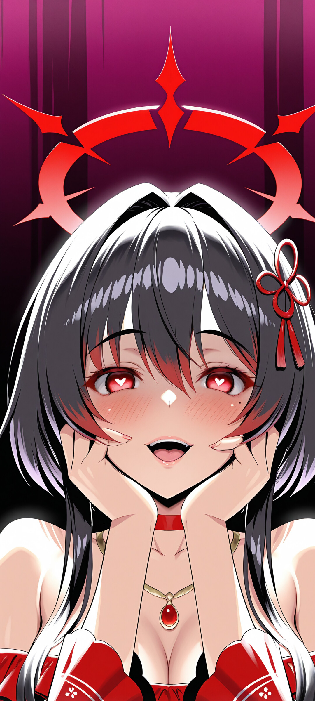 Una chica de anime con el pelo largo y negro y un halo rojo, identificada como Shiromi Iori, de Blue Archive, que muestra una sonrisa propia de un personaje «yandere». Está muy sonrojada, con unos ojos rojos brillantes que tienen pupilas con forma de corazón, y se está acariciando las mejillas.