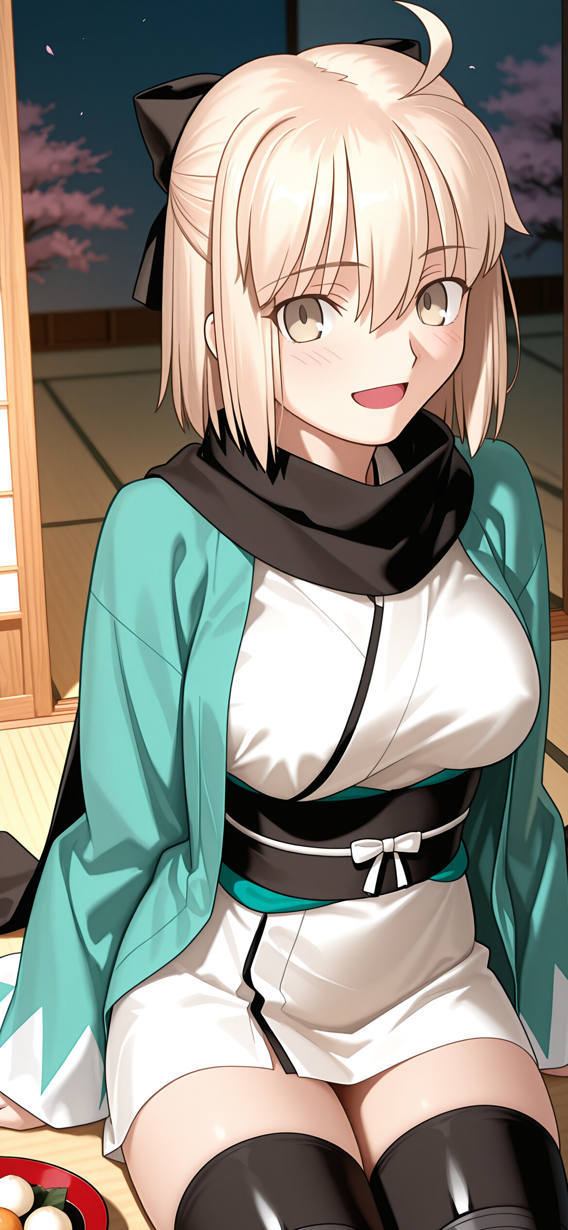 Okita Souji, un personaje rubio de anime de Fate/Grand Order, sonríe amablemente mientras está sentada en una habitación tradicional japonesa y sostiene un dango. Lleva puesto un haori turquesa sobre un kimono blanco.