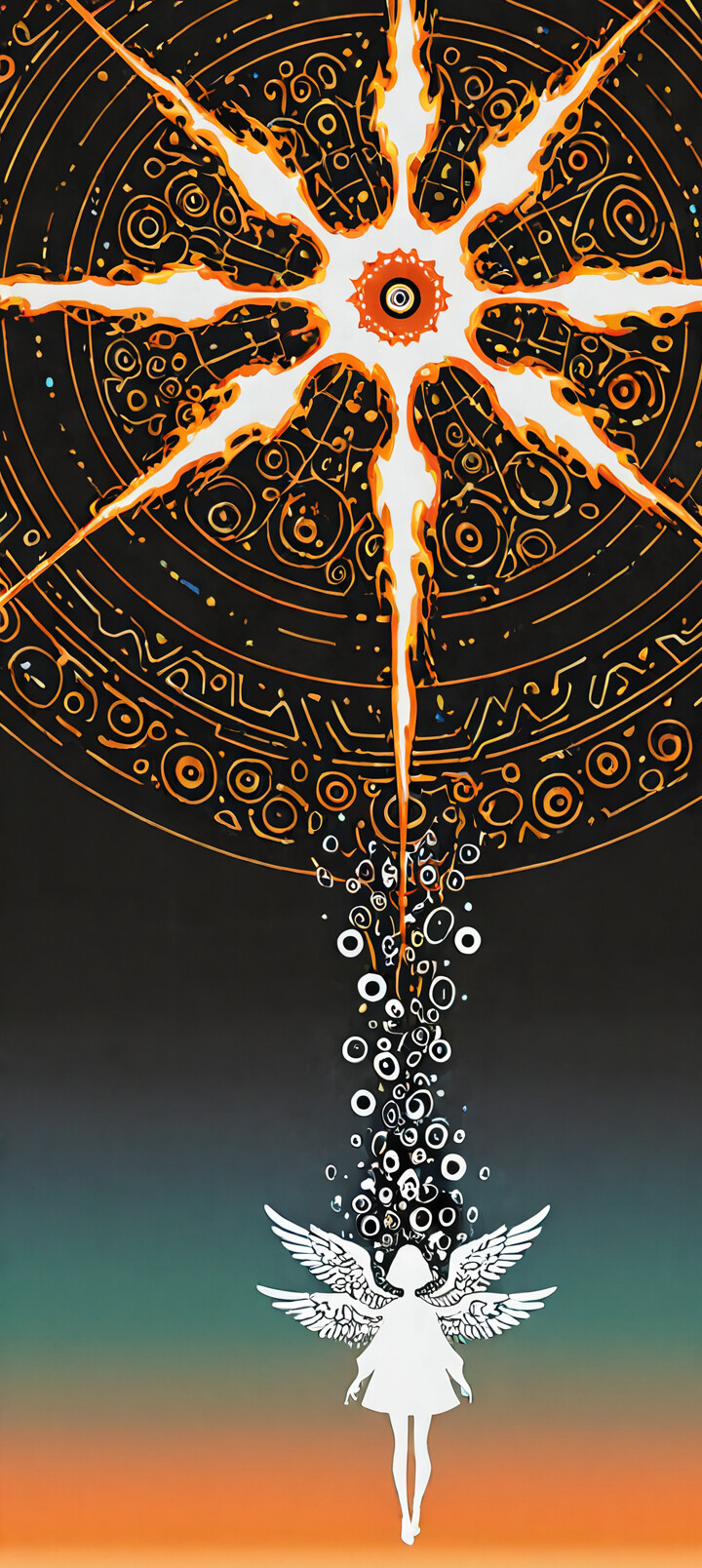 Una ilustración abstracta y de alto contraste que representa una entidad celestial. Un gran círculo negro lleno de muchos ojos más pequeños forma la cabeza, con un único ojo rojo y llameante en el centro. Este ojo está rodeado por un halo blanco con rayos negros que se asemejan a los del sol. Debajo, se encuentra la silueta blanca y minimalista del torso de una mujer sobre un fondo negro y rojo oscuro.