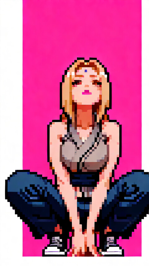 Una representación en estilo pixel art de Tsunade, del anime Naruto, en una pose agachada, mirando hacia una única y brillante estrella sobre un fondo rosa.