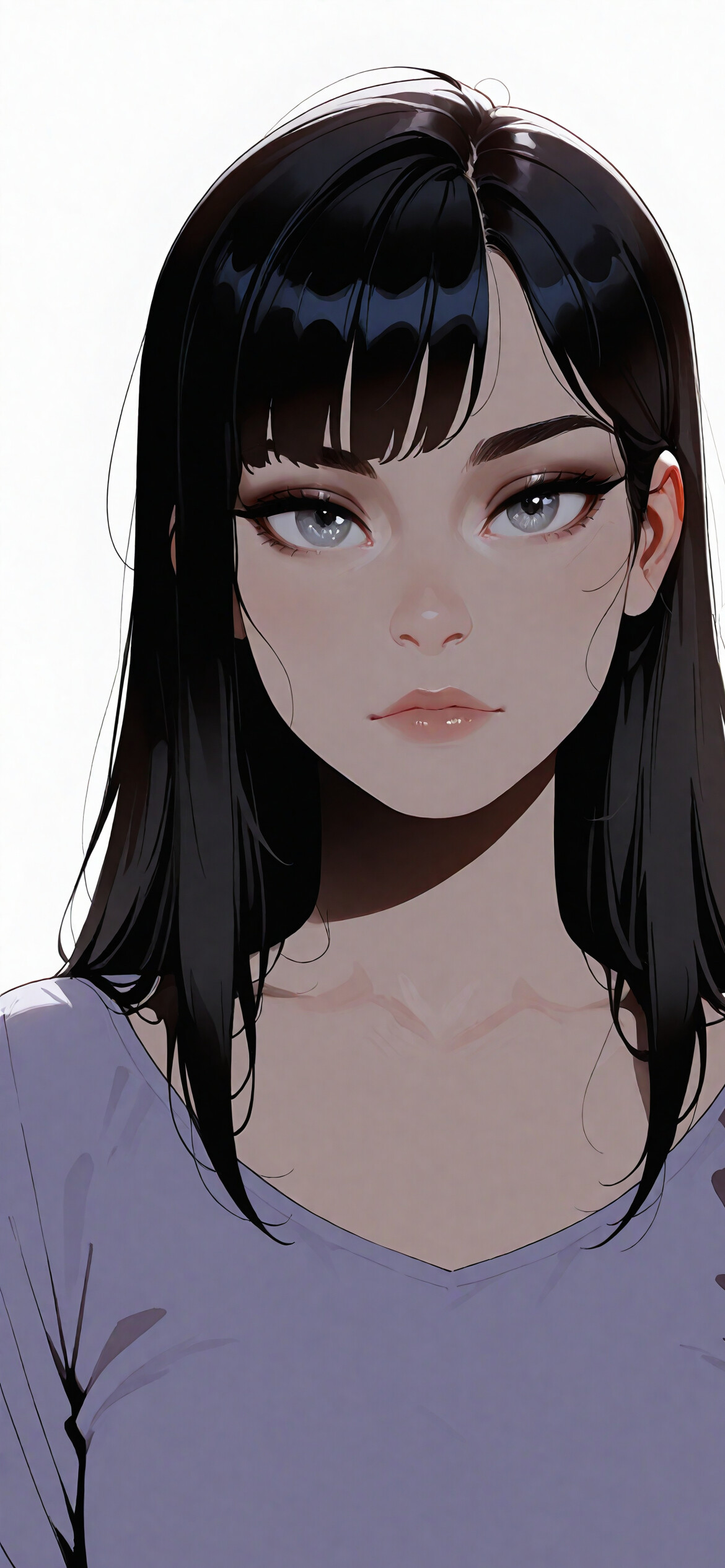 Una ilustración digital de una joven con el pelo corto y negro, flequillo y unos llamativos ojos grises, que mira directamente a la cámara. Lleva una camisa color lavanda sobre unos tirantes negros, con un fondo blanco.