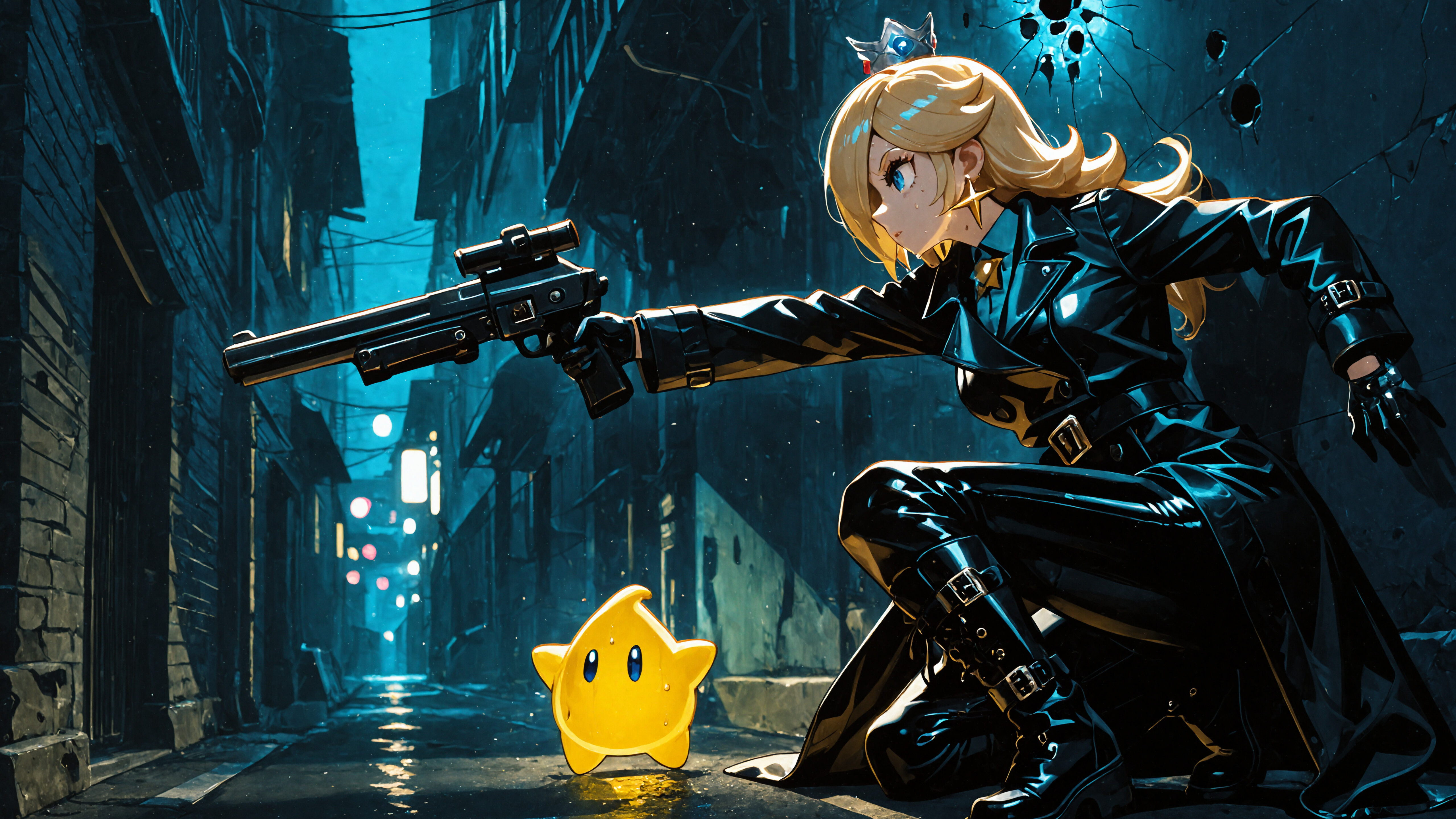 Una ilustración al estilo anime de la Princesa Rosalina, de Super Mario, vestida con un abrigo y pantalones de cuero negros, arrodillada en un callejón oscuro y apuntando con un rifle de francotirador. Una pequeña criatura estelar amarilla y brillante, una Luma, flota a su lado.