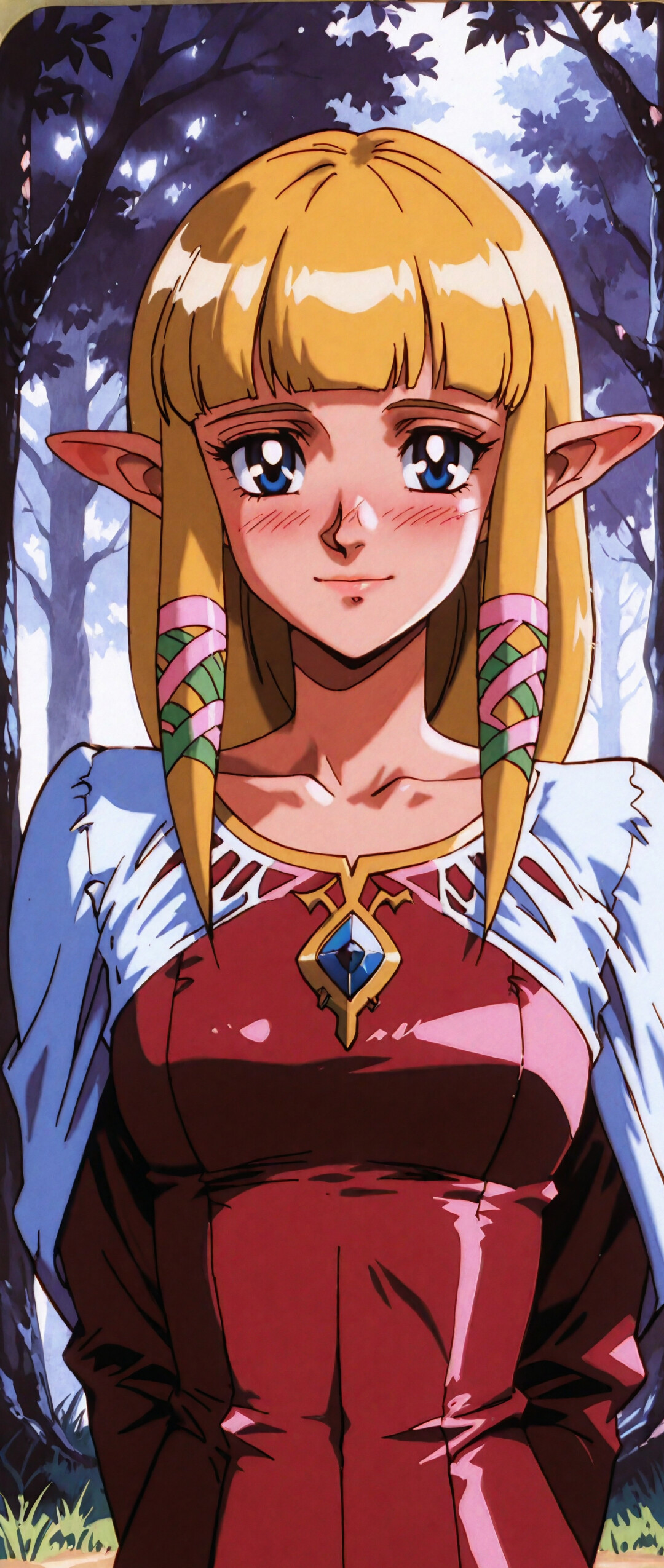 Una ilustración de la princesa Zelda, de Skyward Sword, representada con el estilo del anime de los años 90. Tiene el pelo largo y rubio, orejas puntiagudas y ojos azules, y muestra un ligero rubor con una suave sonrisa. Lleva un vestido rosa y rojo con un chal blanco, y está en un bosque.