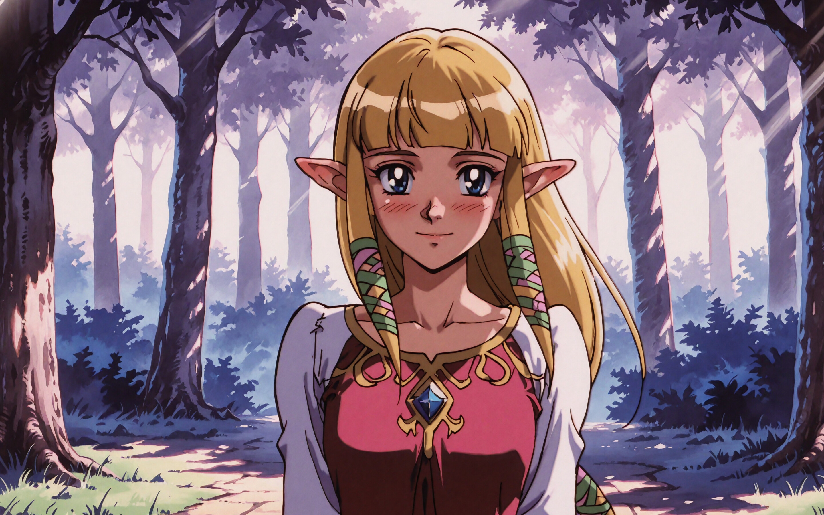 Una ilustración de la princesa Zelda, de Skyward Sword, representada con el estilo del anime de los años 90. Tiene el pelo largo y rubio, orejas puntiagudas y ojos azules, y muestra un ligero rubor con una suave sonrisa. Lleva un vestido rosa y rojo con un chal blanco, y está en un bosque.