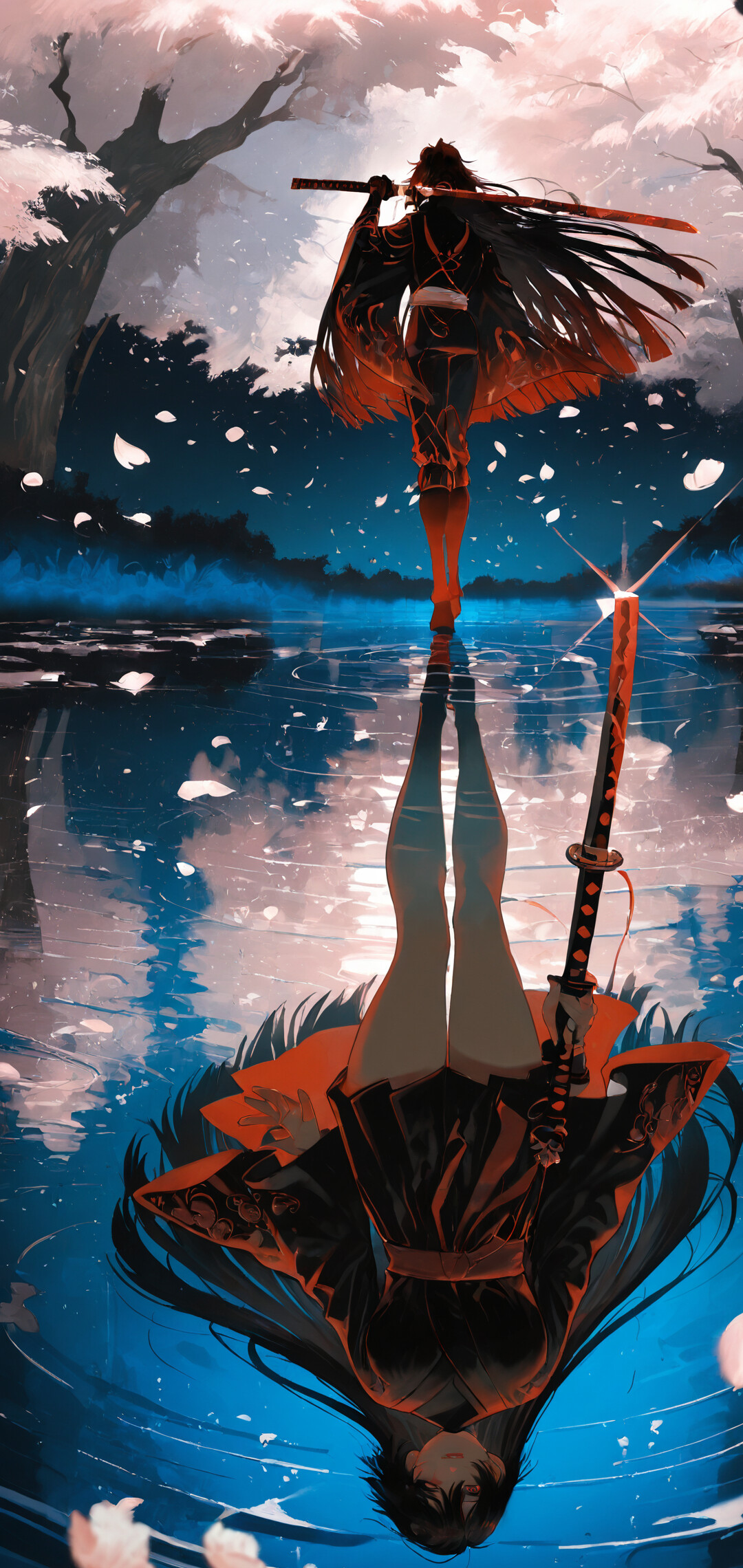 Una ilustración al estilo anime de Sasuke Uchiha, de la serie Naruto, de pie sobre el agua bajo un cielo nocturno con cerezos en flor. Su reflejo en el agua revela su verdadero rostro, creando un tema de dualidad.