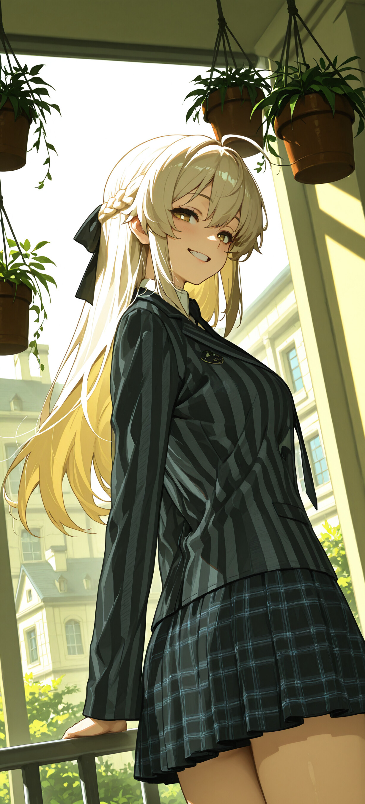 Una chica de anime, Shokuhou Misaki, con el pelo largo y rubio y un lazo negro, sonríe mientras está de pie en un balcón soleado. Lleva una chaqueta a rayas y una falda a cuadros, y está rodeada de plantas colgantes.