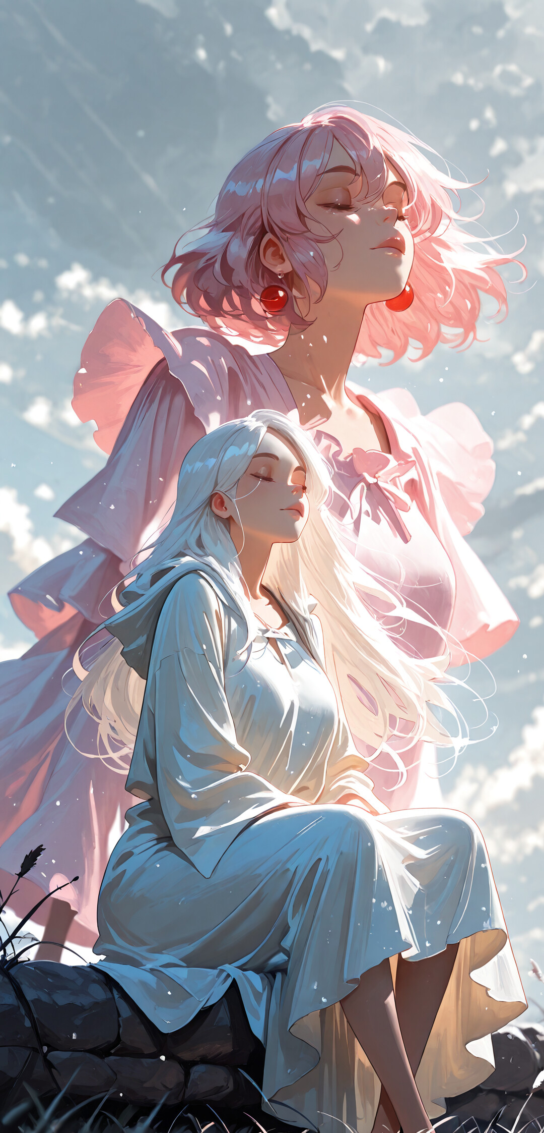 Una pintura digital de estilo anime que representa a una joven con el pelo largo y blanco, vestida con una túnica rosa con capucha, sentada con las piernas cruzadas sobre un campo de pétalos rosas. Tiene los ojos cerrados, en meditación, mientras una única estrella brillante resplandece sobre ella en el cielo oscuro y nublado.