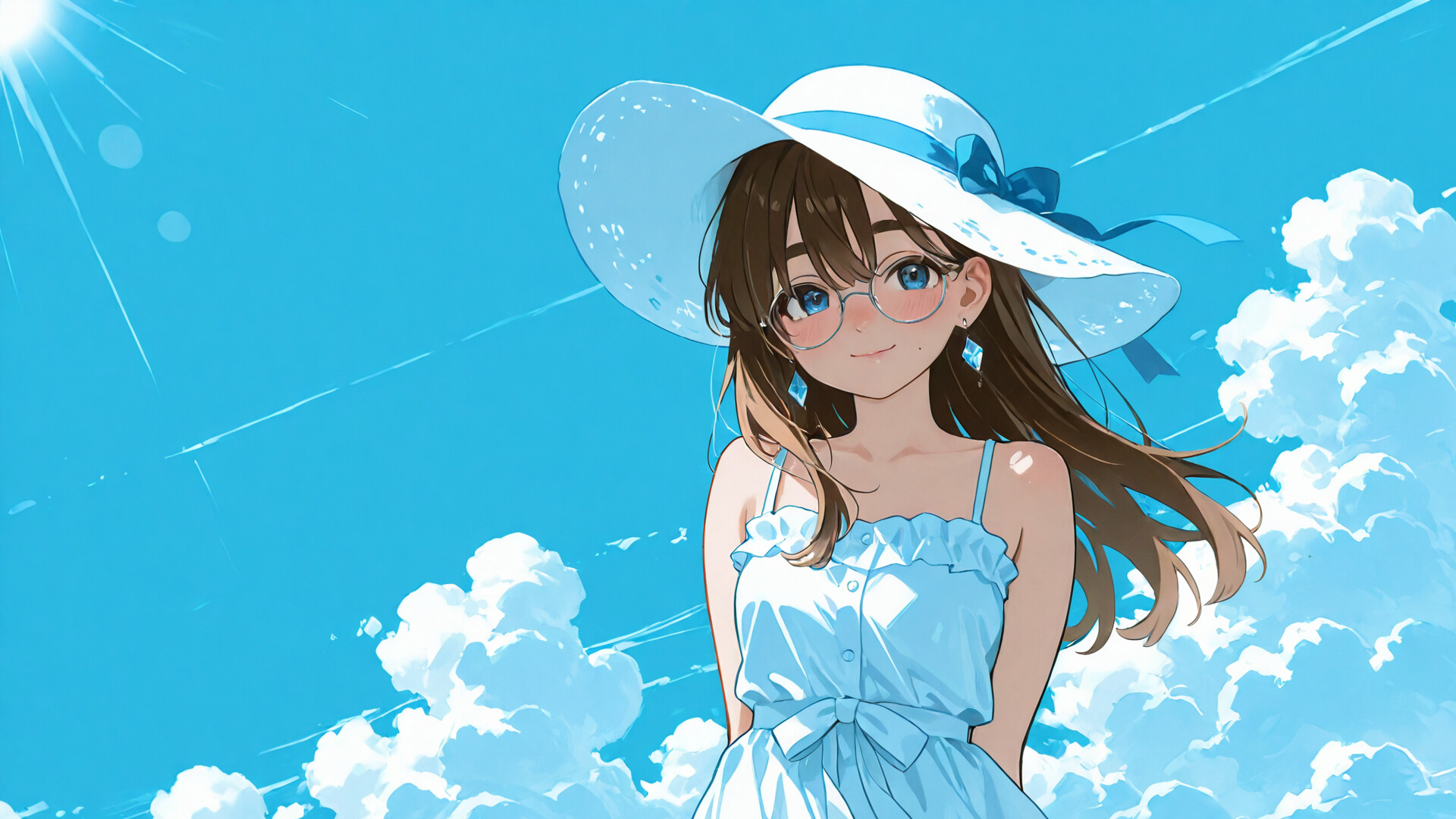 Una chica de estilo anime, con el pelo largo y castaño, ojos azules y gafas redondas, que lleva un sombrero blanco para protegerse del sol y un vestido de verano azul claro, y que sonríe frente a un cielo azul brillante con nubes.